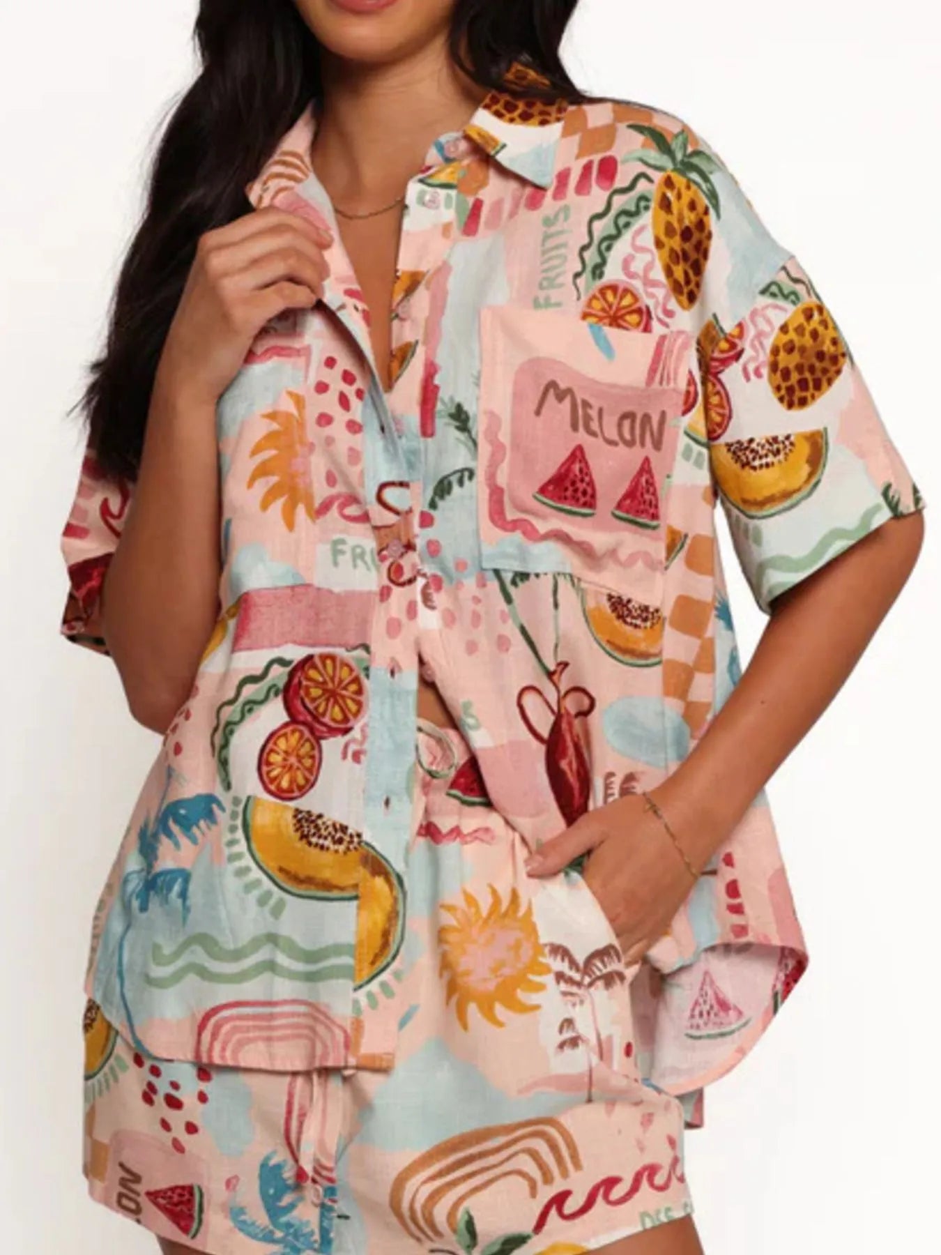 Printed Button Up Shirt and Shorts Set - Velora Luxury Fashion