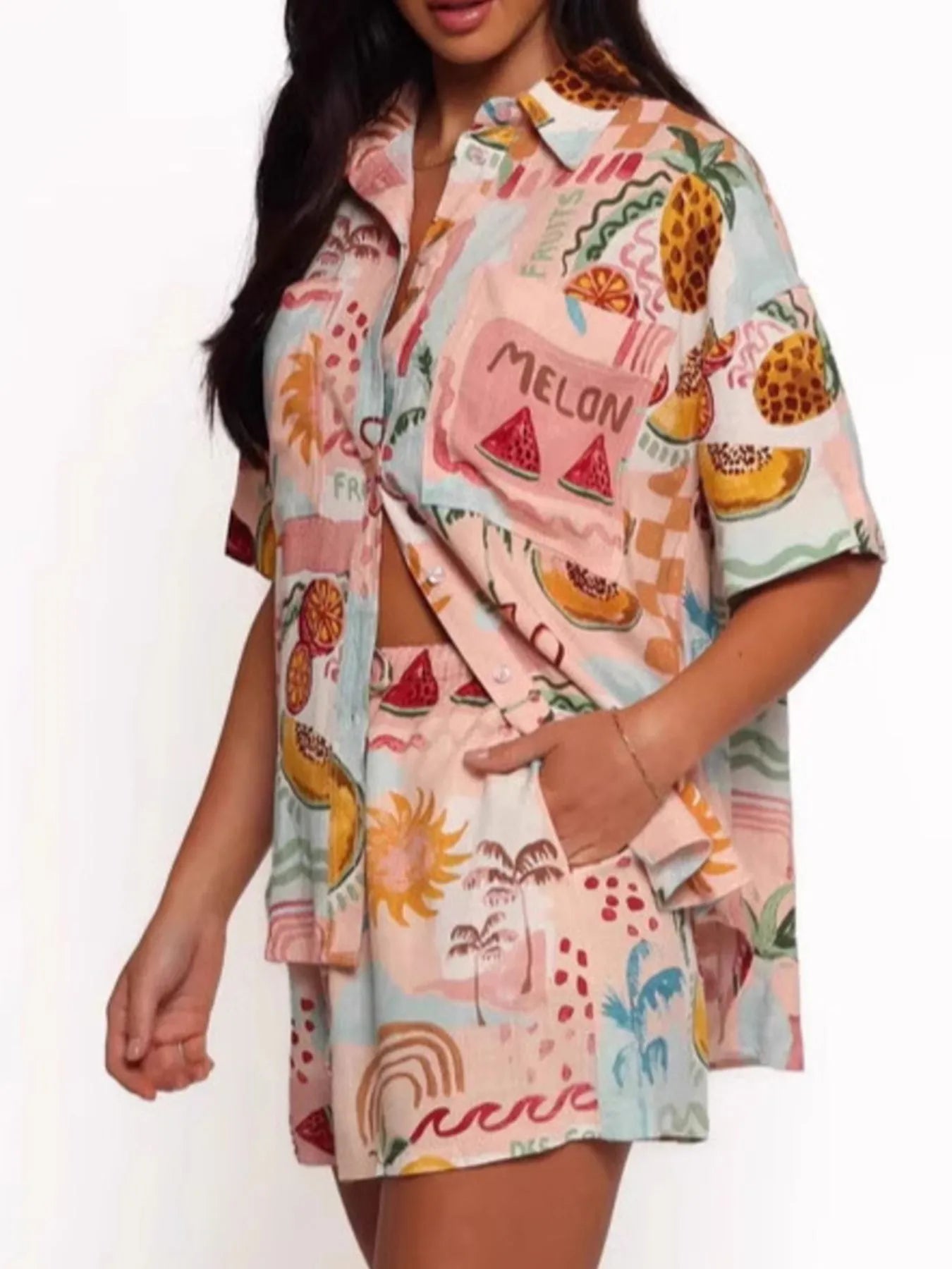 Printed Button Up Shirt and Shorts Set - Velora Luxury Fashion