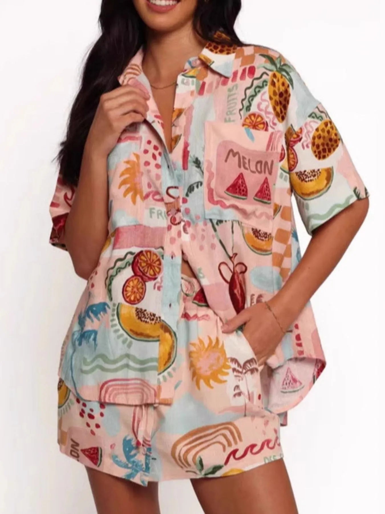 Printed Button Up Shirt and Shorts Set - Velora Luxury Fashion