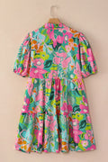 Printed Collared Neck Puff Sleeve Mini Dress - Velora Luxury Fashion