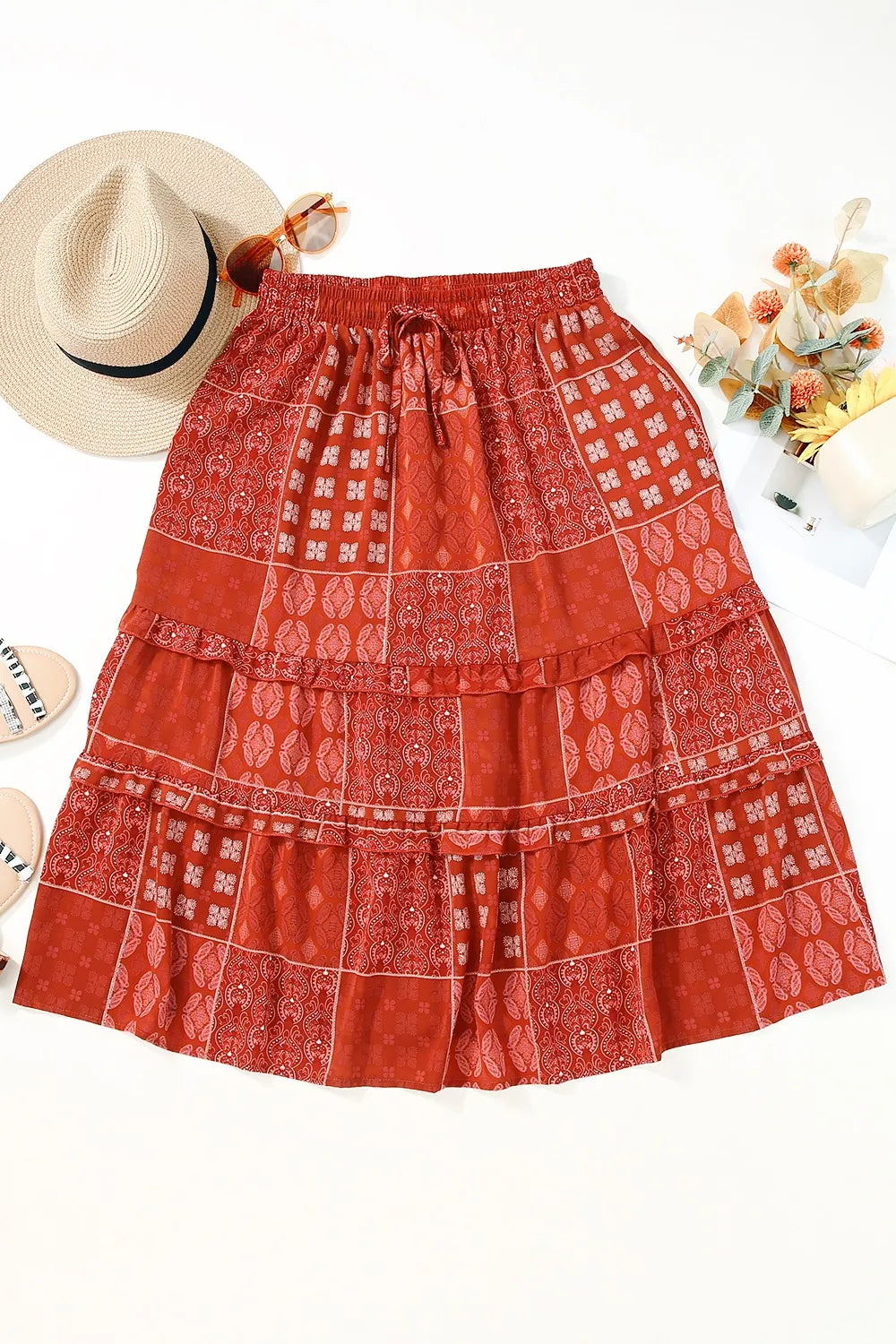 Printed Drawstring Midi Skirt - Velora Luxury Fashion