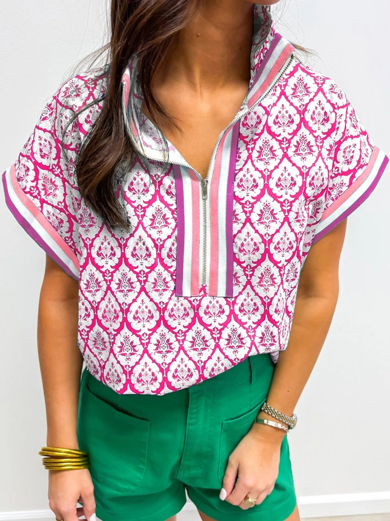 Printed Half Zip Short Sleeve Blouse - Velora Luxury Fashion