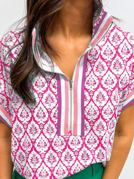 Printed Half Zip Short Sleeve Blouse - Velora Luxury Fashion