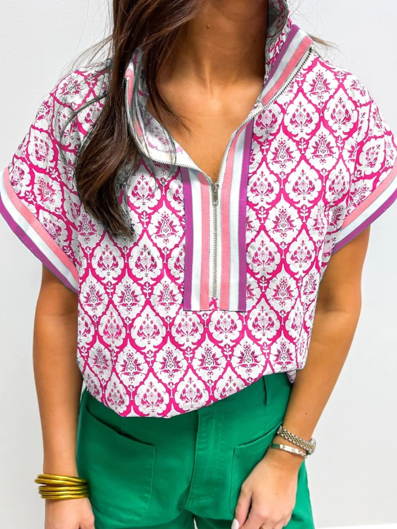 Printed Half Zip Short Sleeve Blouse - Velora Luxury Fashion