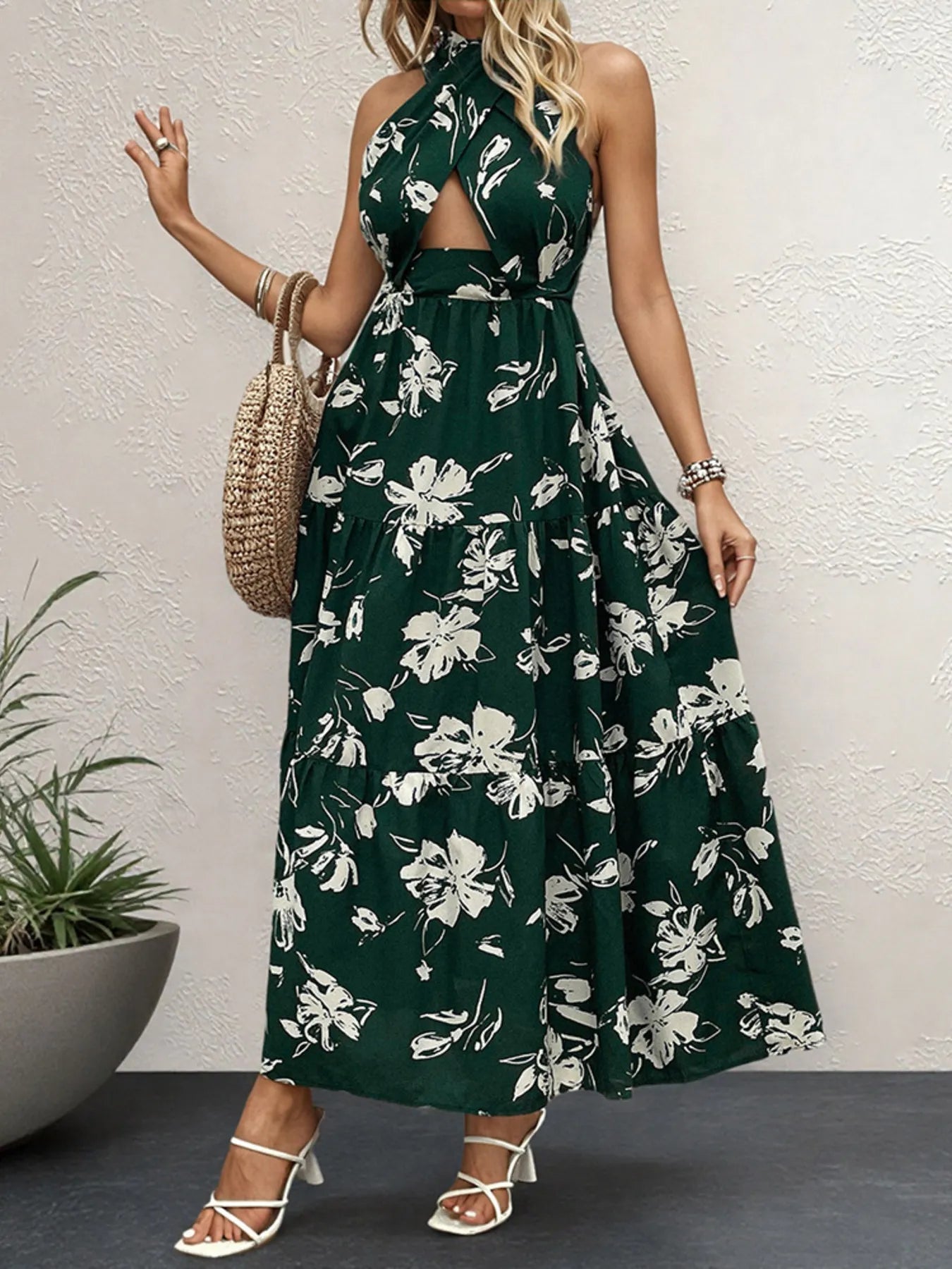 Printed Halter Neck Cutout Dress - Velora Luxury Fashion
