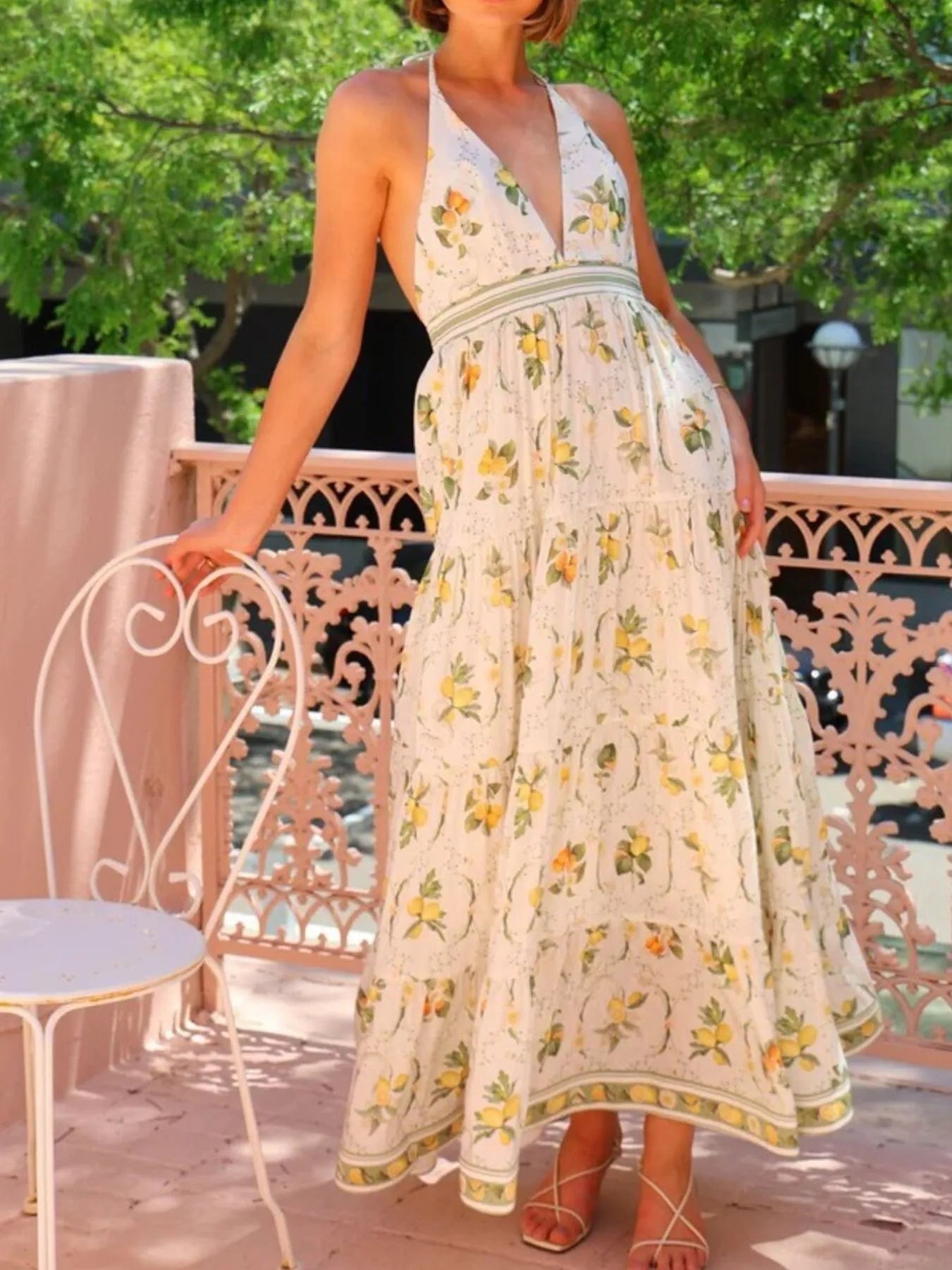 Printed Halter Neck Maxi Cami Dress - Velora Luxury Fashion