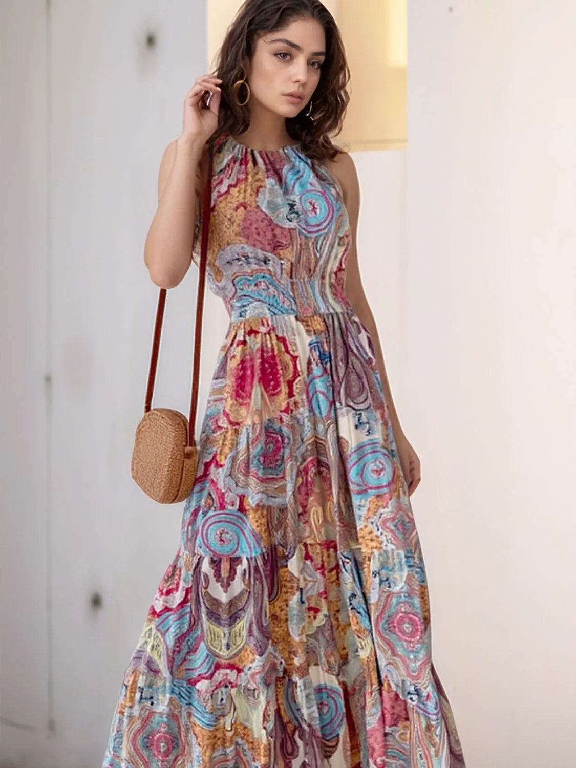 Printed Halter Neck Maxi Dress - Velora Luxury Fashion
