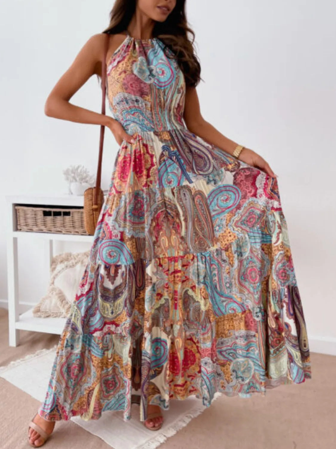Printed Halter Neck Maxi Dress - Velora Luxury Fashion
