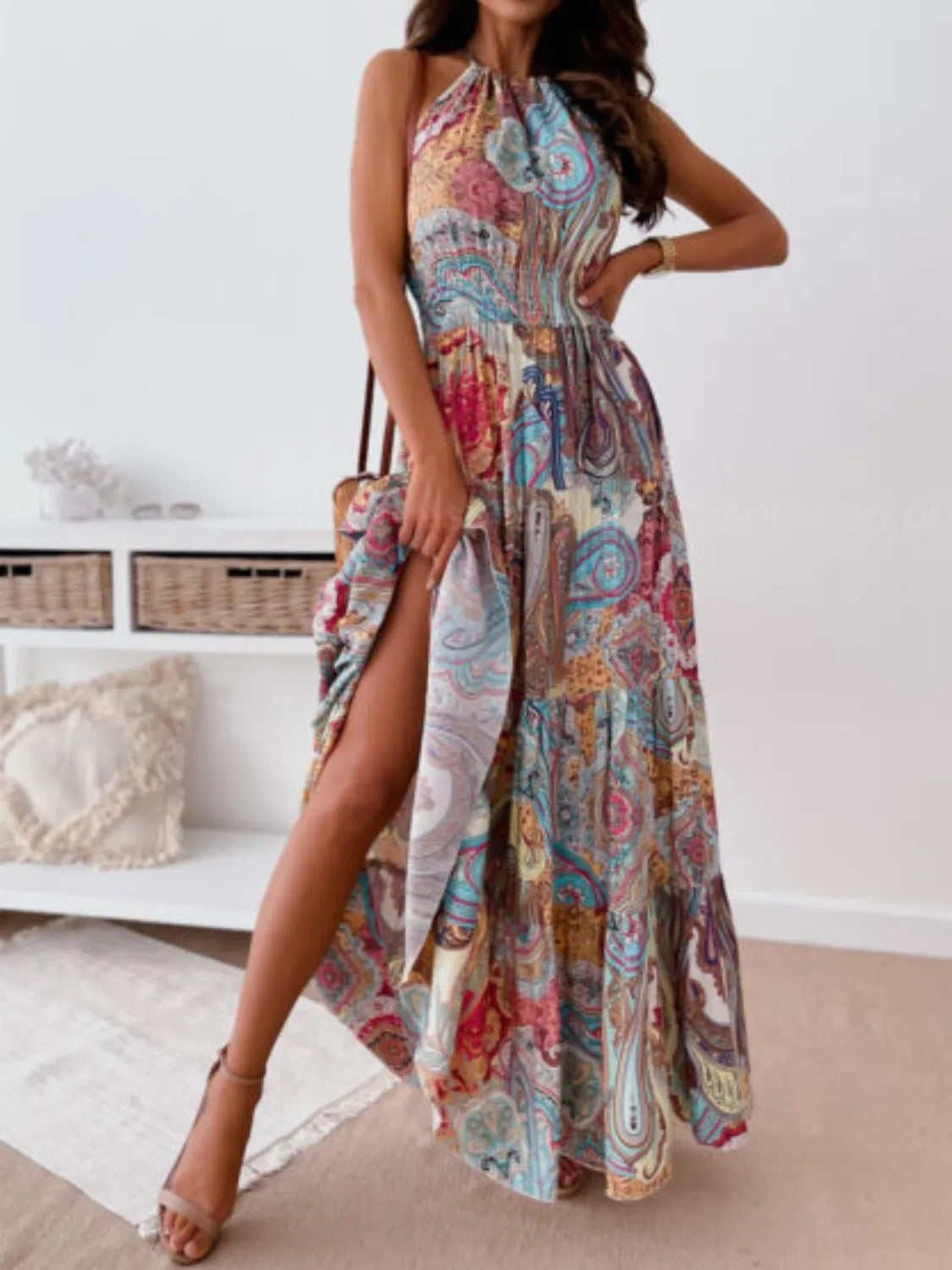 Printed Halter Neck Maxi Dress - Velora Luxury Fashion