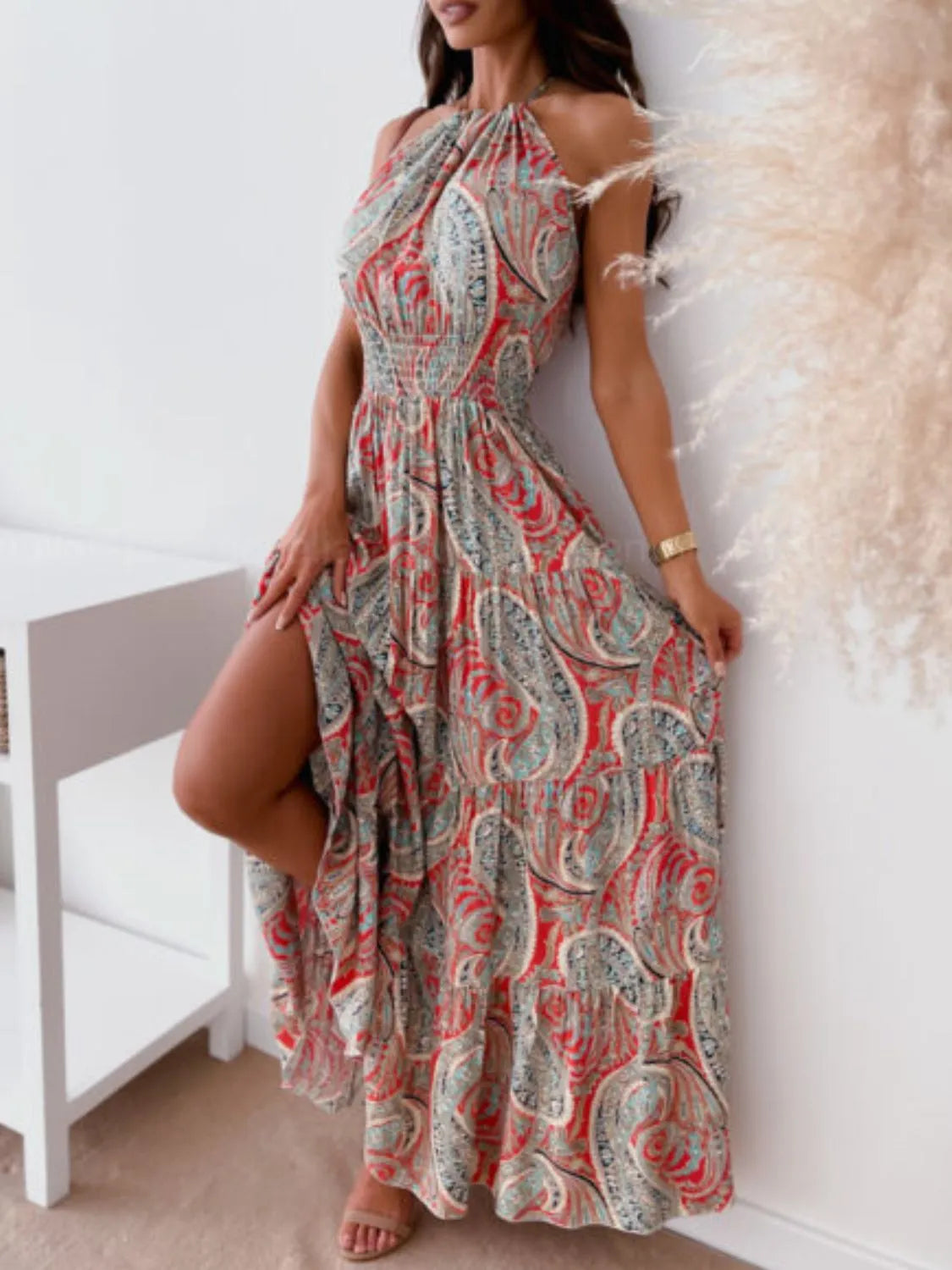 Printed Halter Neck Maxi Dress - Velora Luxury Fashion