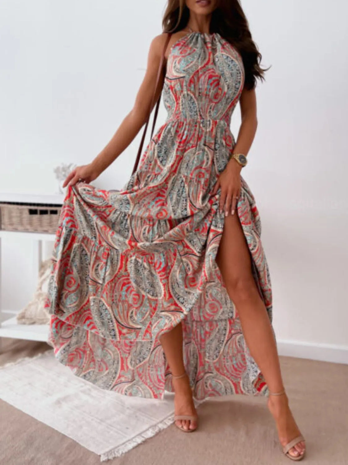 Printed Halter Neck Maxi Dress - Velora Luxury Fashion