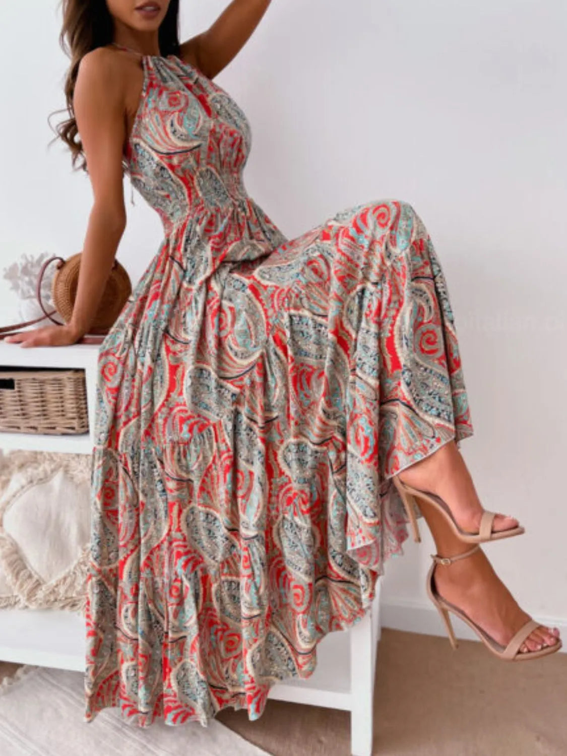 Printed Halter Neck Maxi Dress - Velora Luxury Fashion