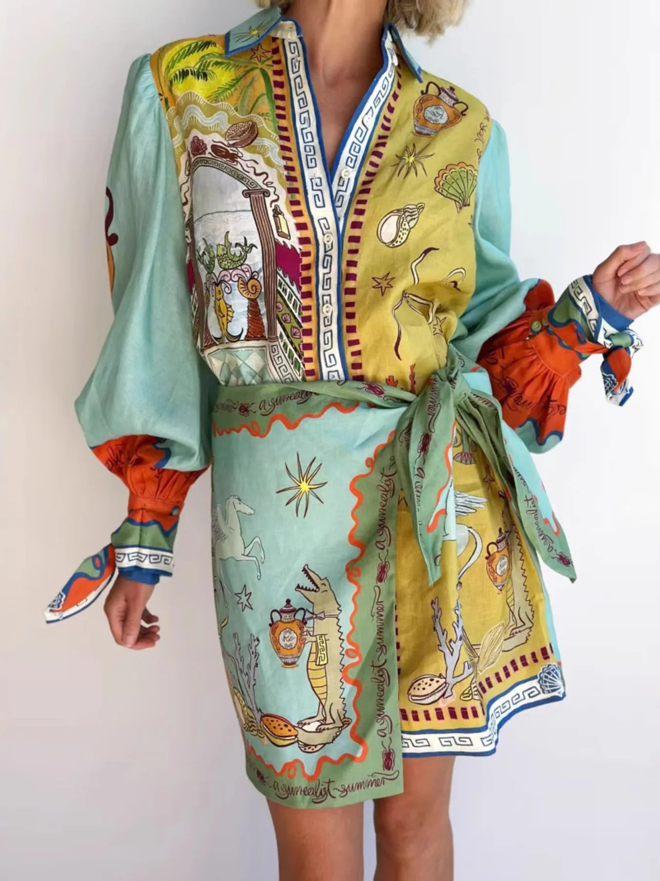 Printed Long Sleeve Shirt Dress - Velora Luxury Fashion