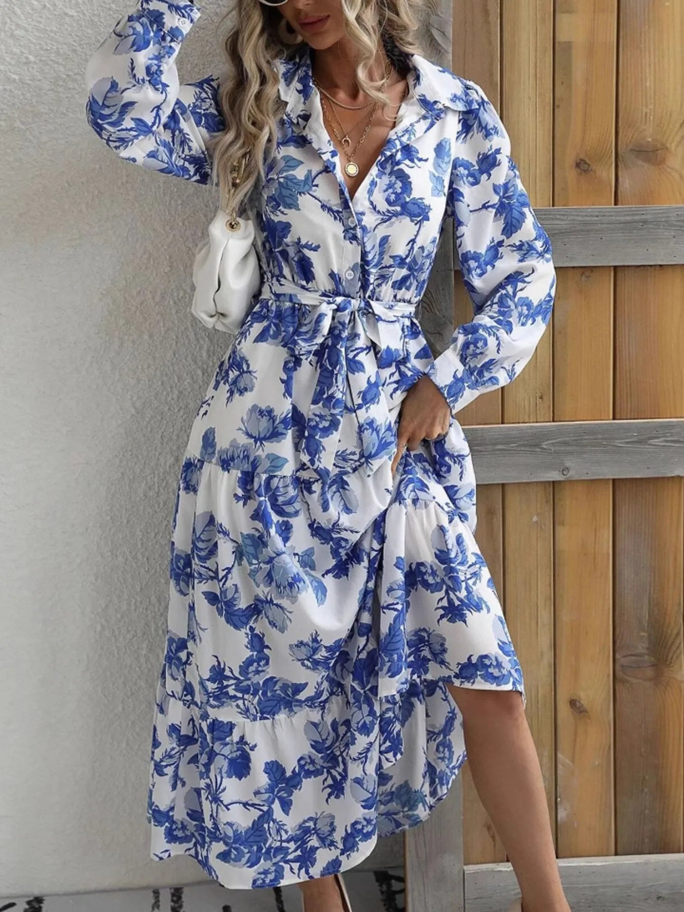 Printed Long Sleeve Shirt Dress - Velora Luxury Fashion