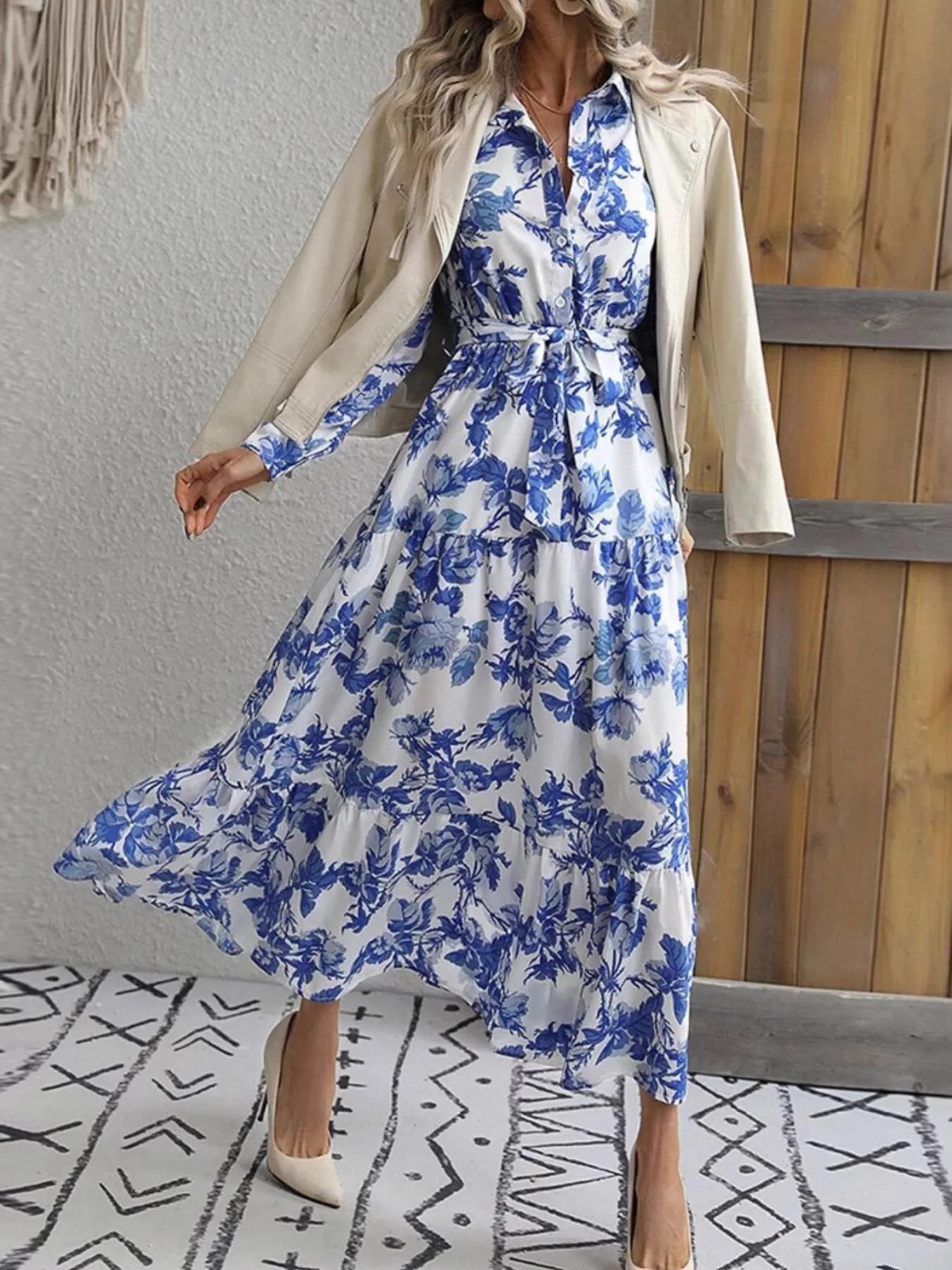 Printed Long Sleeve Shirt Dress - Velora Luxury Fashion