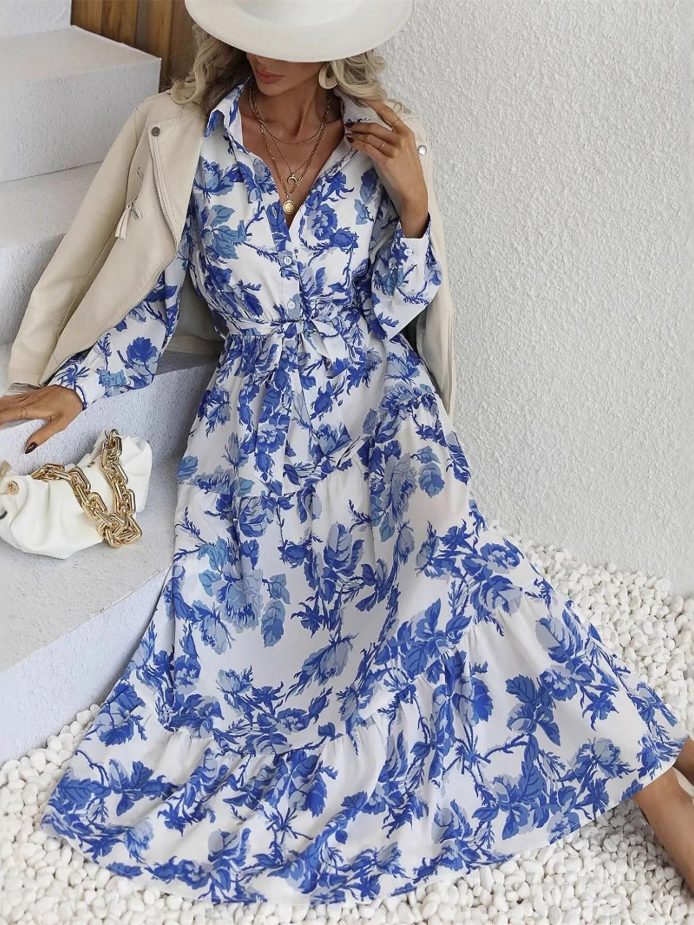 Printed Long Sleeve Shirt Dress - Velora Luxury Fashion