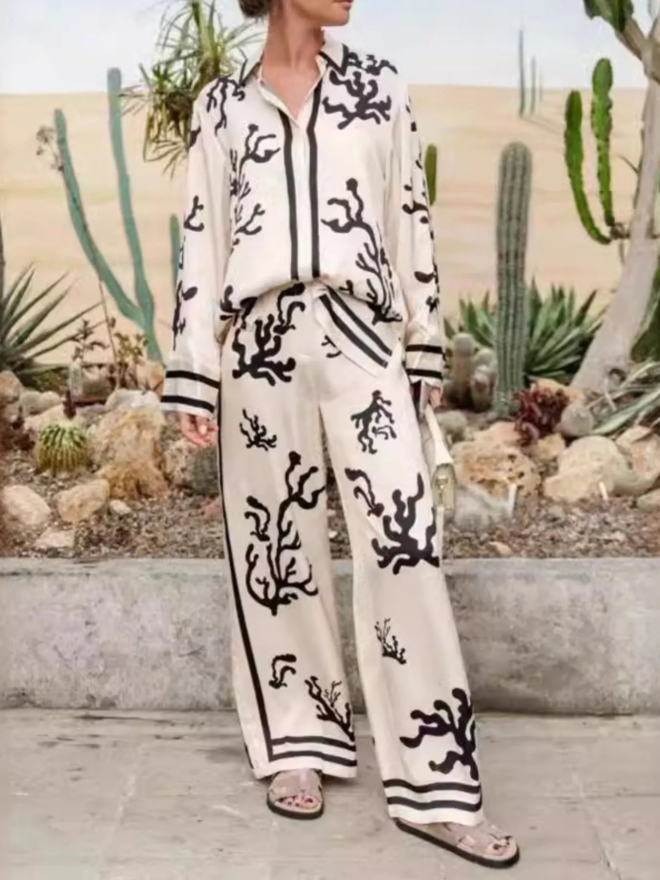 Printed Long Sleeve Shirt and Pants Set - Velora Luxury Fashion