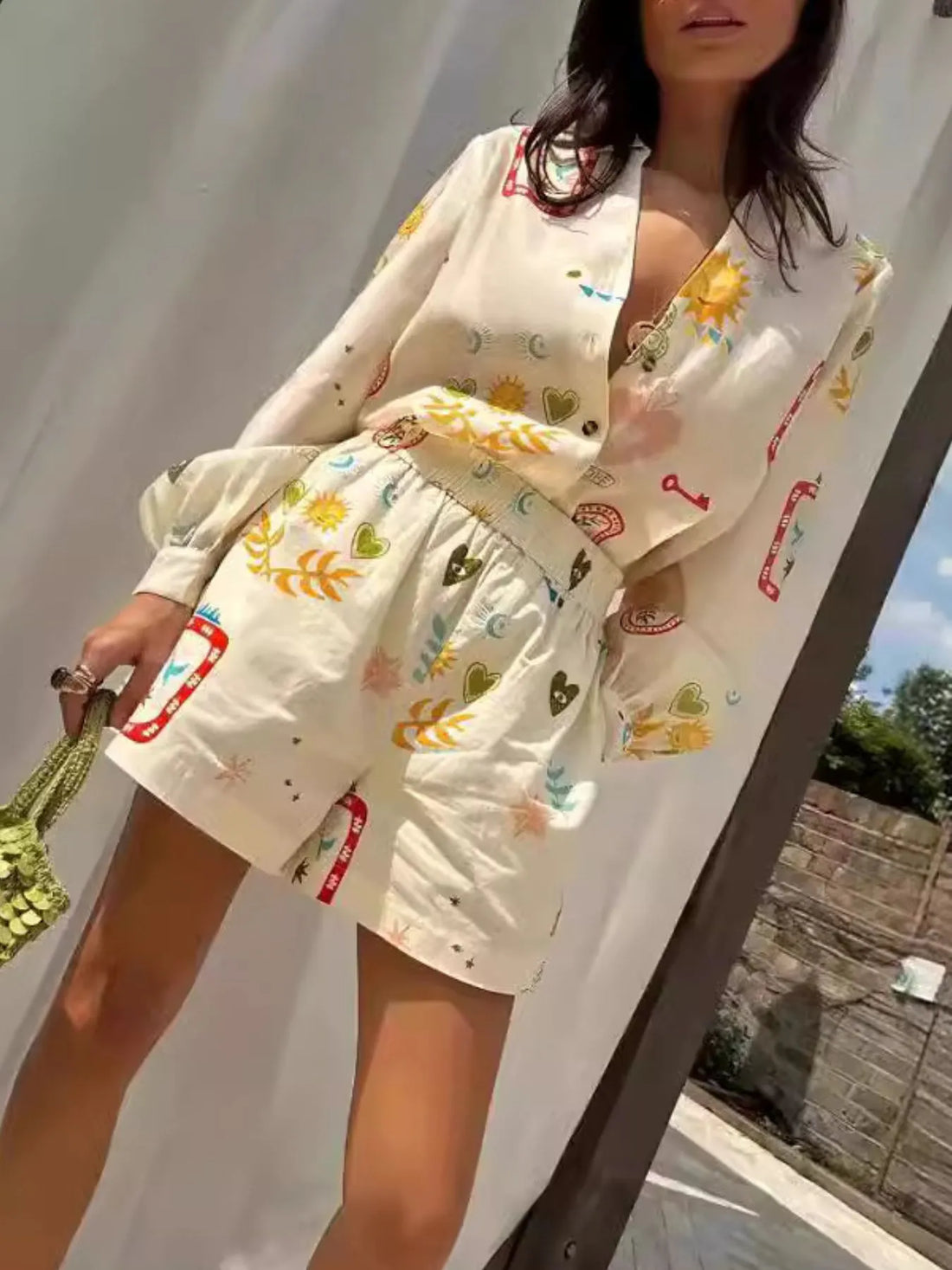 Printed Long Sleeve Shirt and Shorts Set - Velora Luxury Fashion