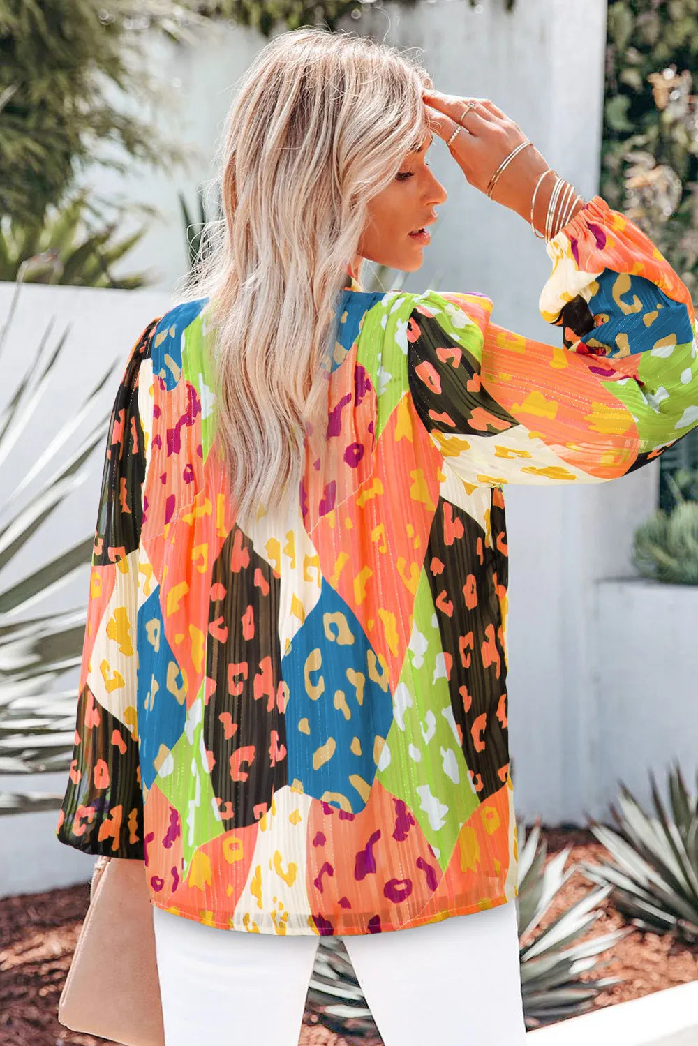 Printed Notched Long Sleeve Blouse - Velora Luxury Fashion