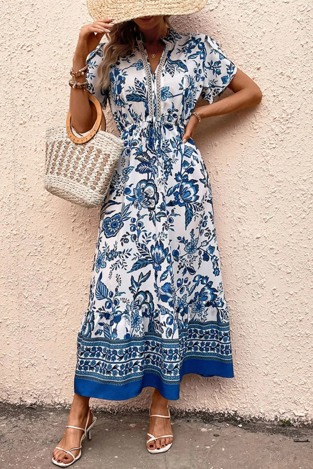 Printed Notched Short Sleeve Dress - Velora Luxury Fashion