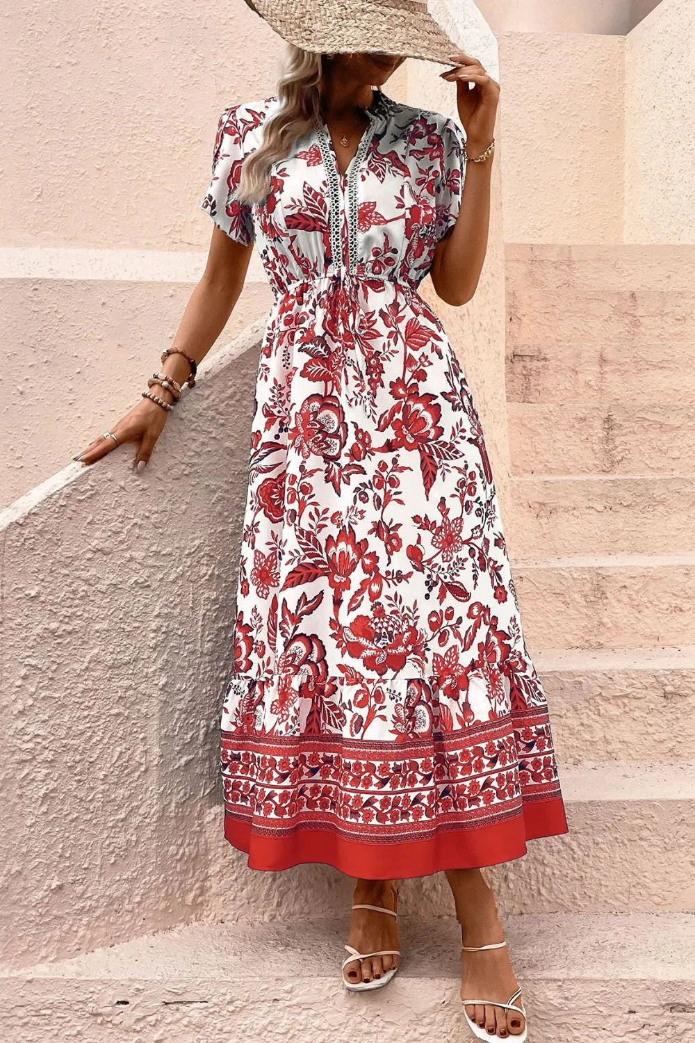 Printed Notched Short Sleeve Dress - Velora Luxury Fashion