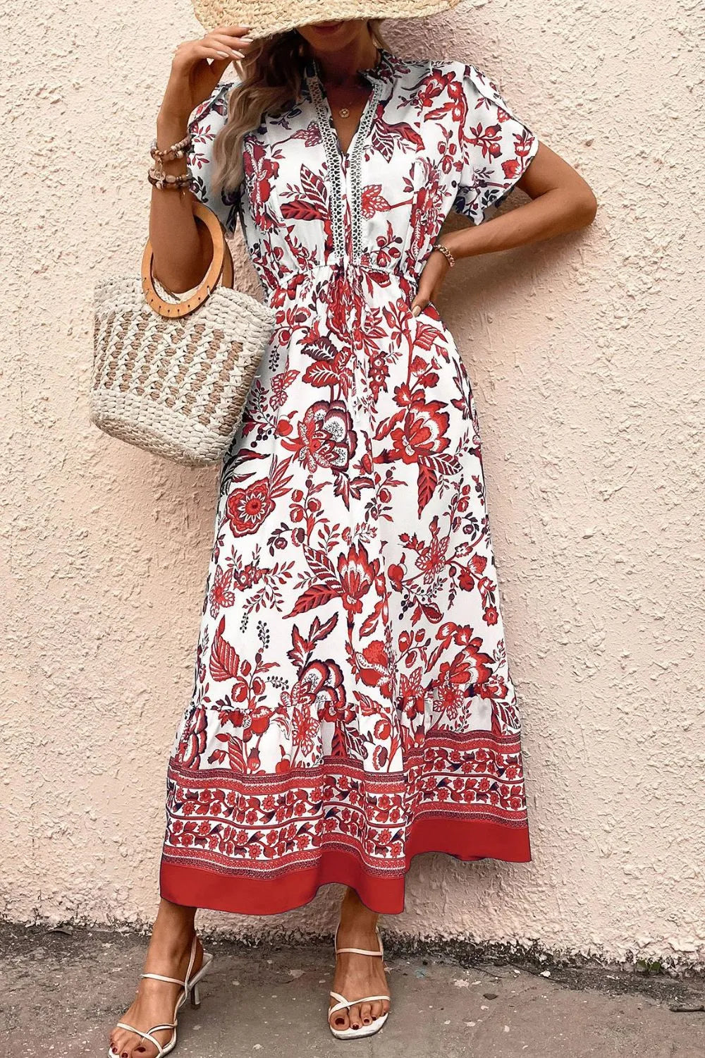 Printed Notched Short Sleeve Dress - Velora Luxury Fashion