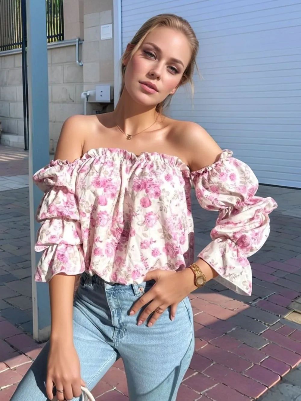 Printed Off-Shoulder Flounce Sleeve Blouse - Velora Luxury Fashion