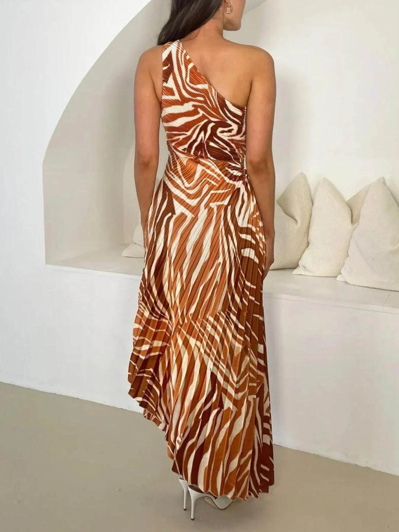 Printed One Shoulder Asymmetrical Maxi Dress - Velora Luxury Fashion