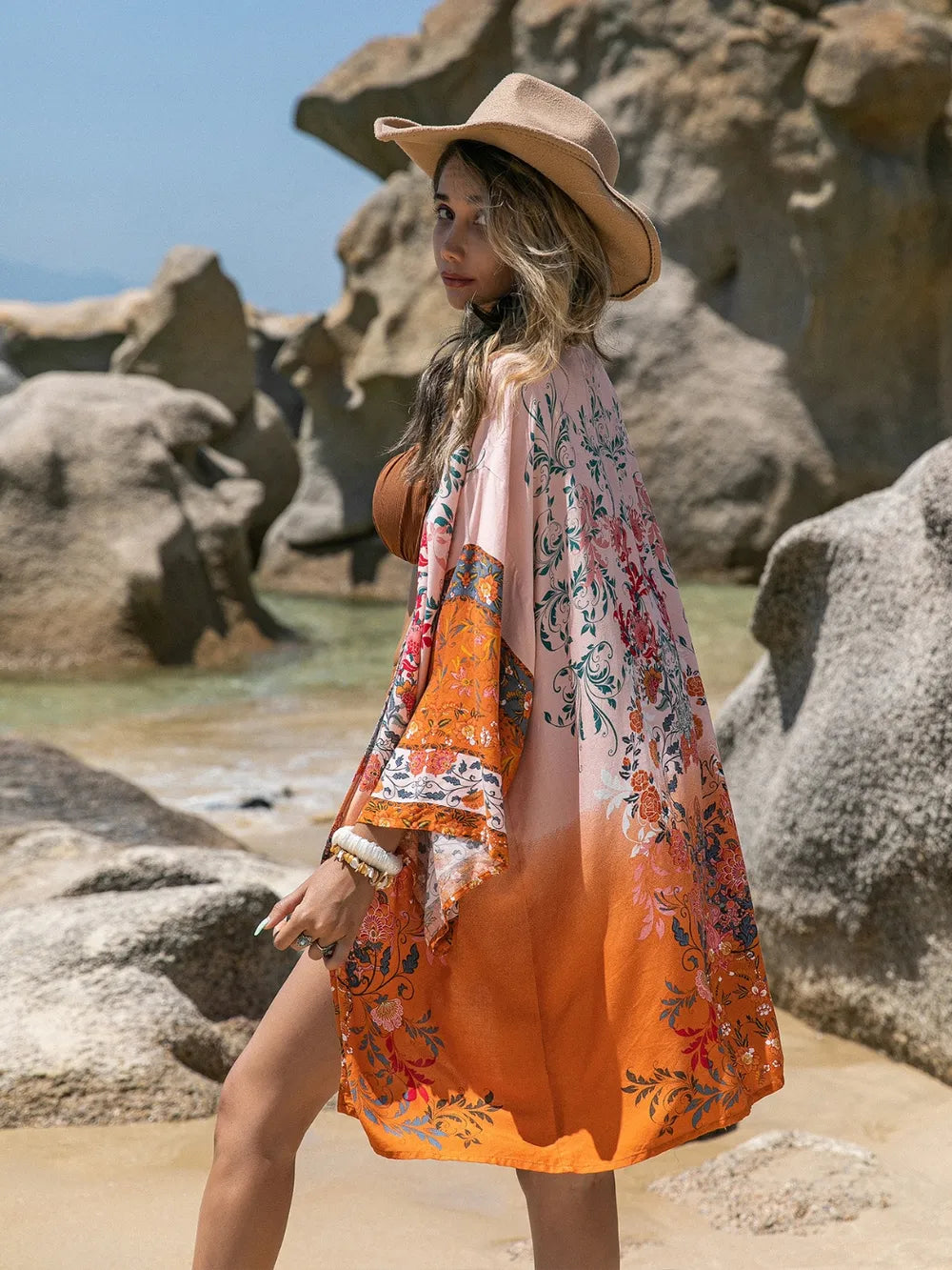 Printed Open Front Long Sleeve Cover-Up - Velora Luxury Fashion