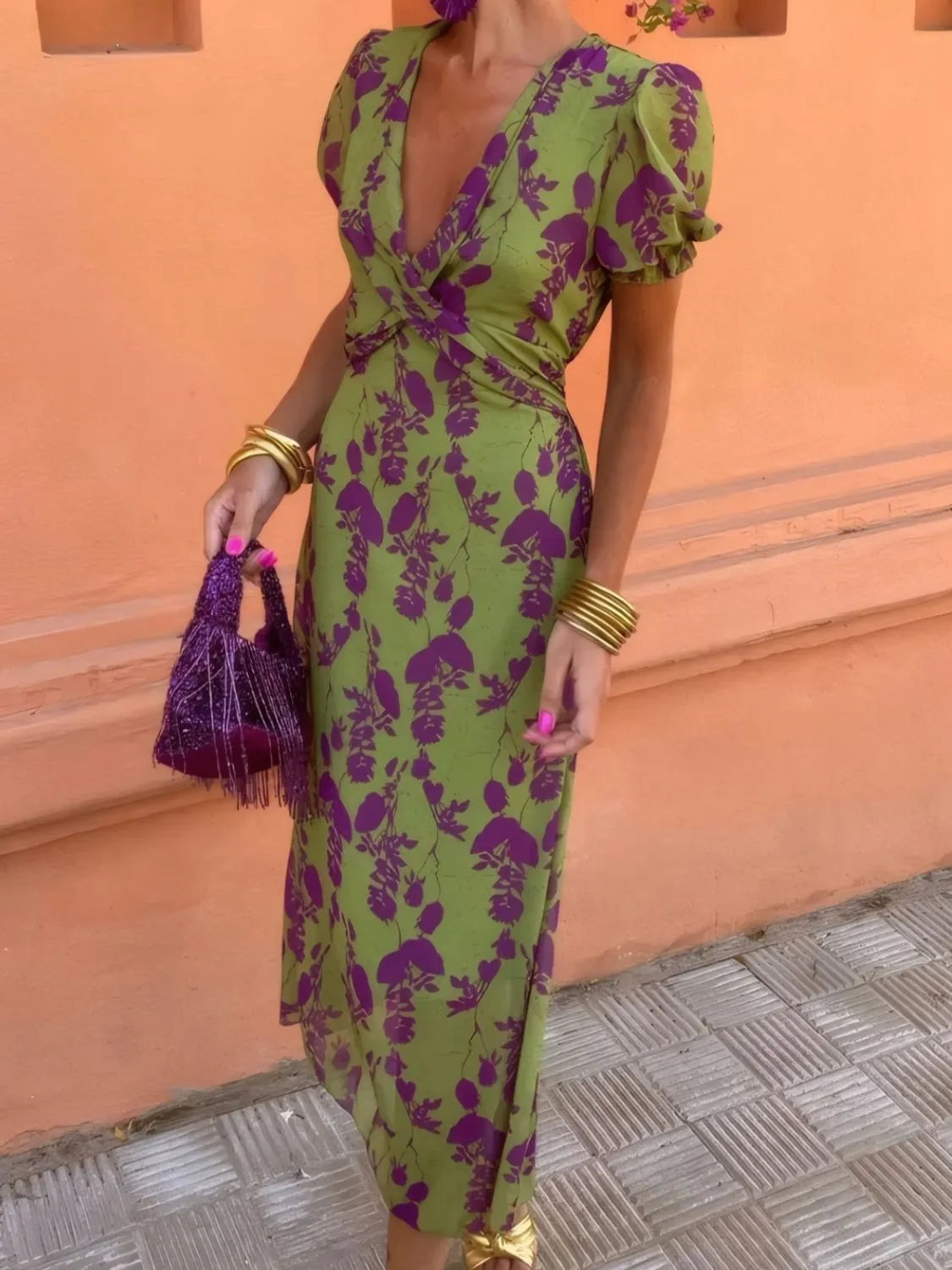 Printed Plunge Short Sleeve Midi Dress - Velora Luxury Fashion