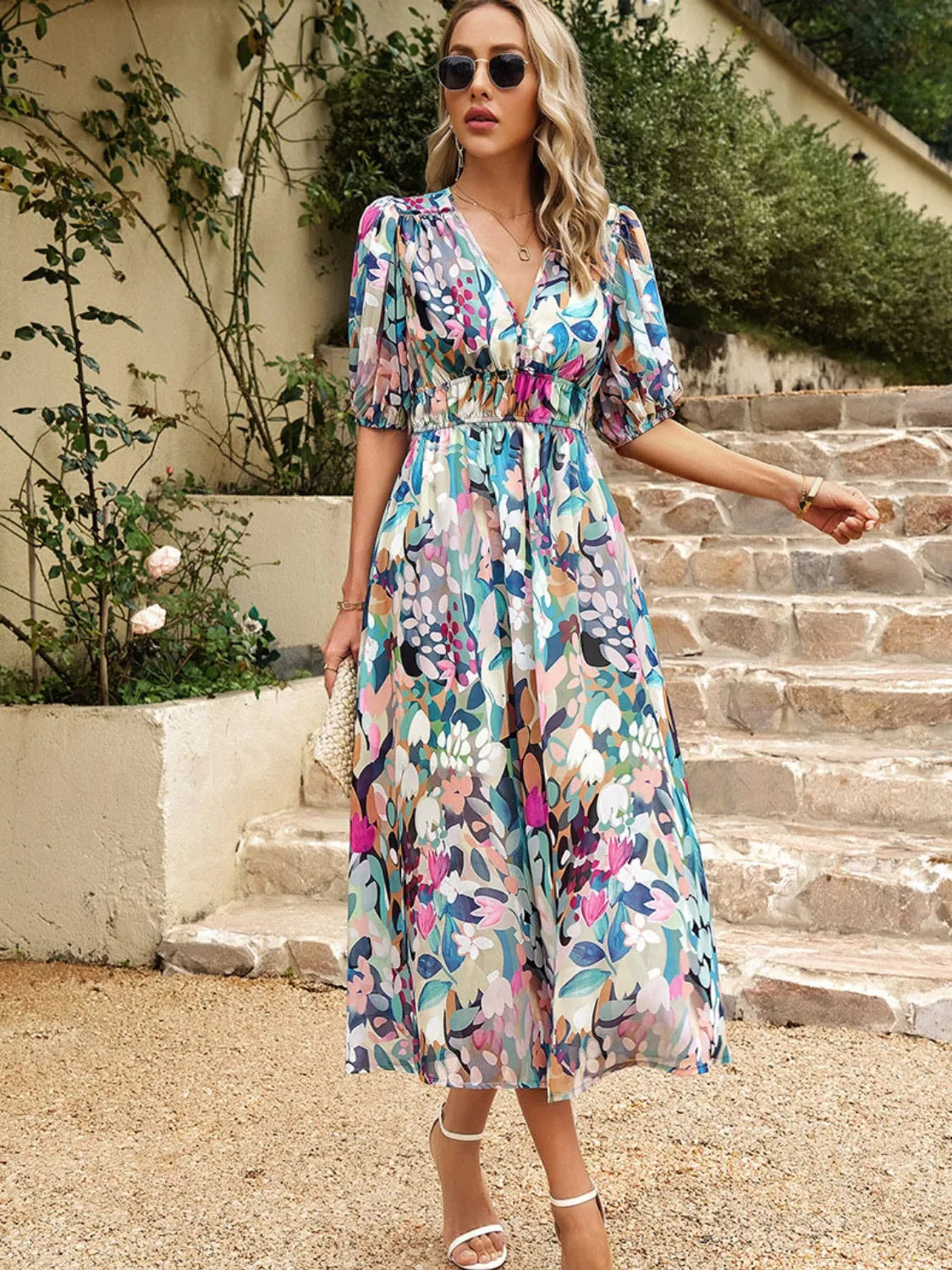Printed Puff Sleeve Midi Dress - Velora Luxury Fashion