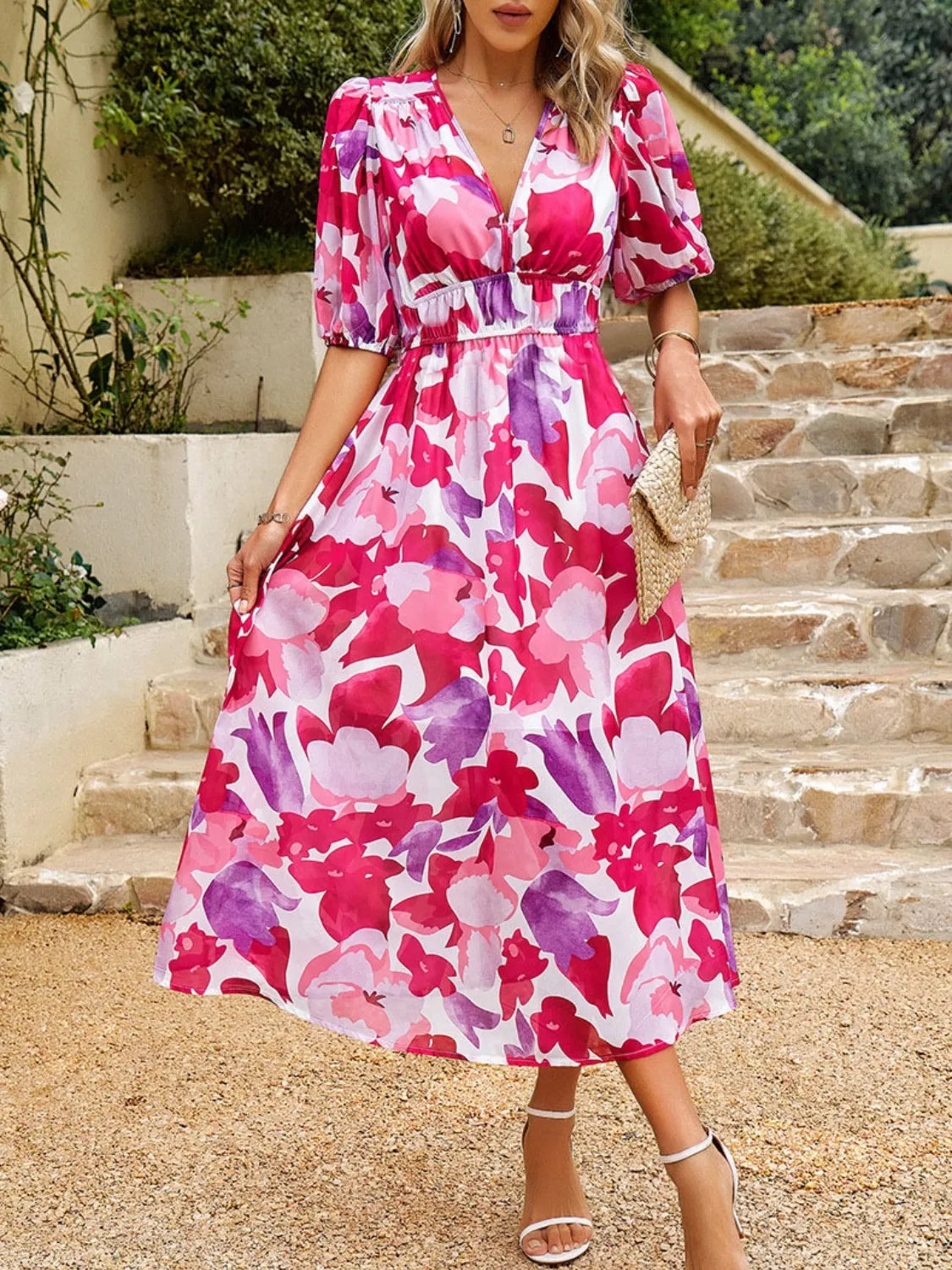 Printed Puff Sleeve Midi Dress - Velora Luxury Fashion