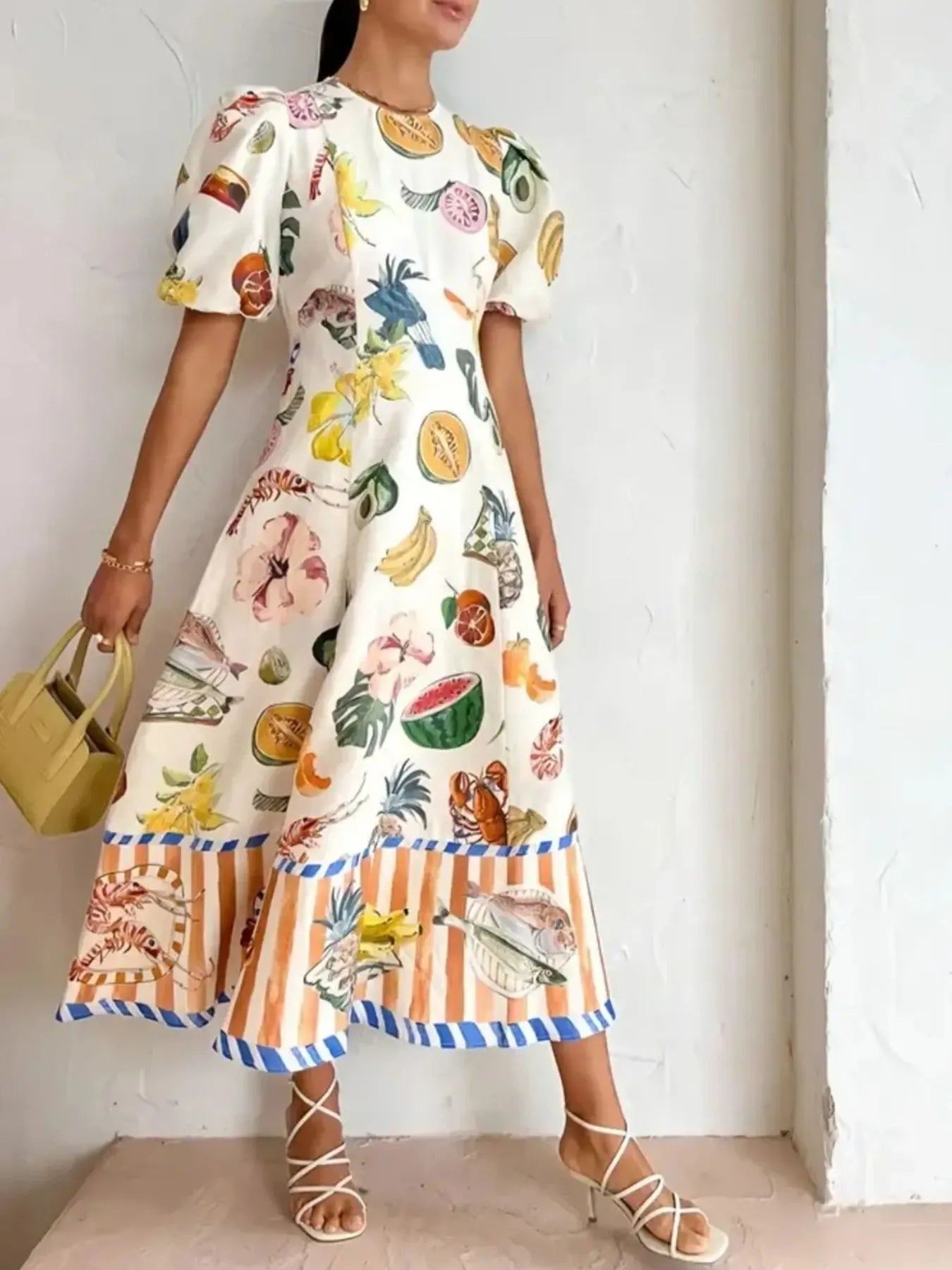 Printed Round Neck Puff Sleeve Dress - Velora Luxury Fashion