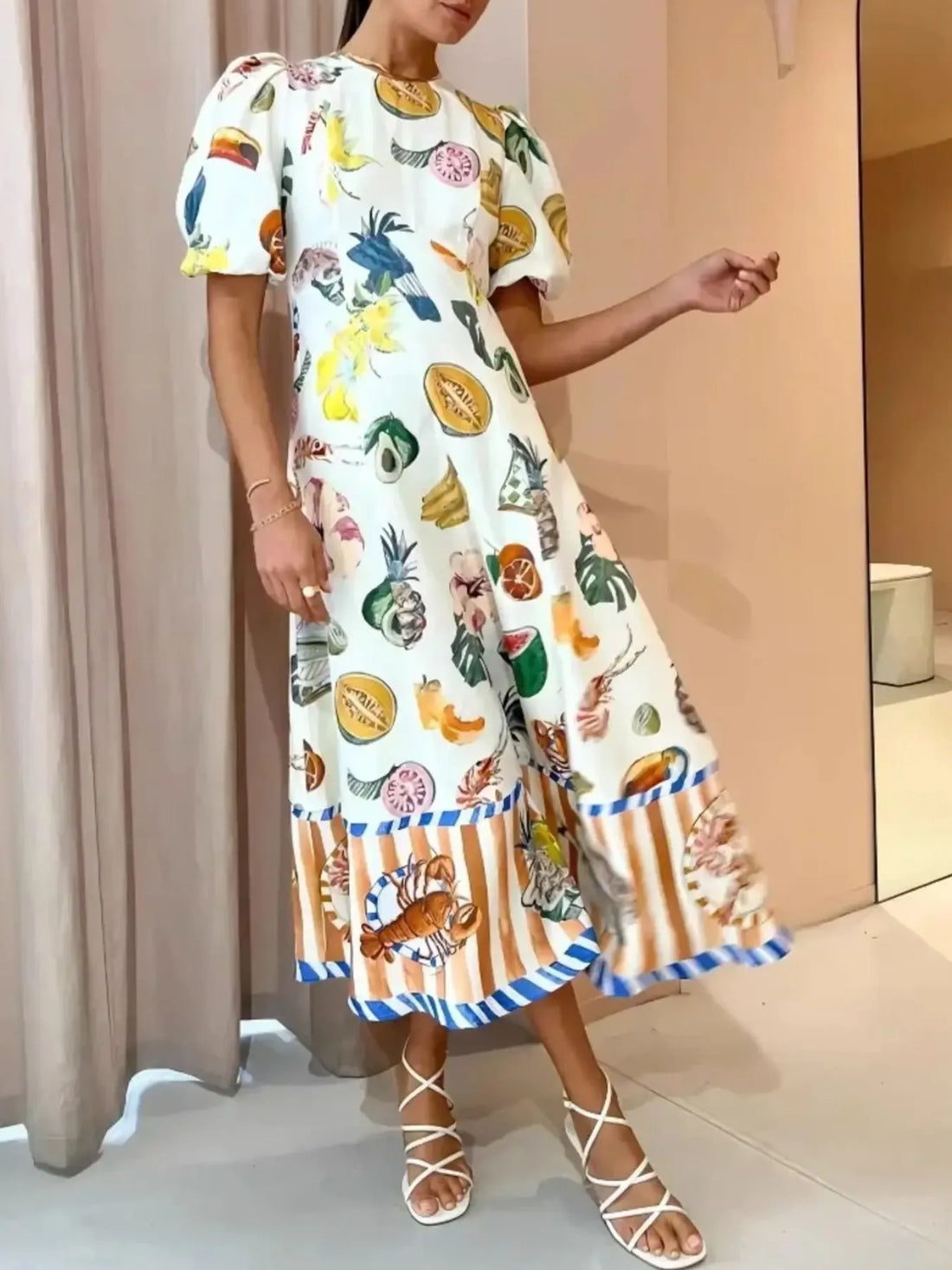 Printed Round Neck Puff Sleeve Dress - Velora Luxury Fashion
