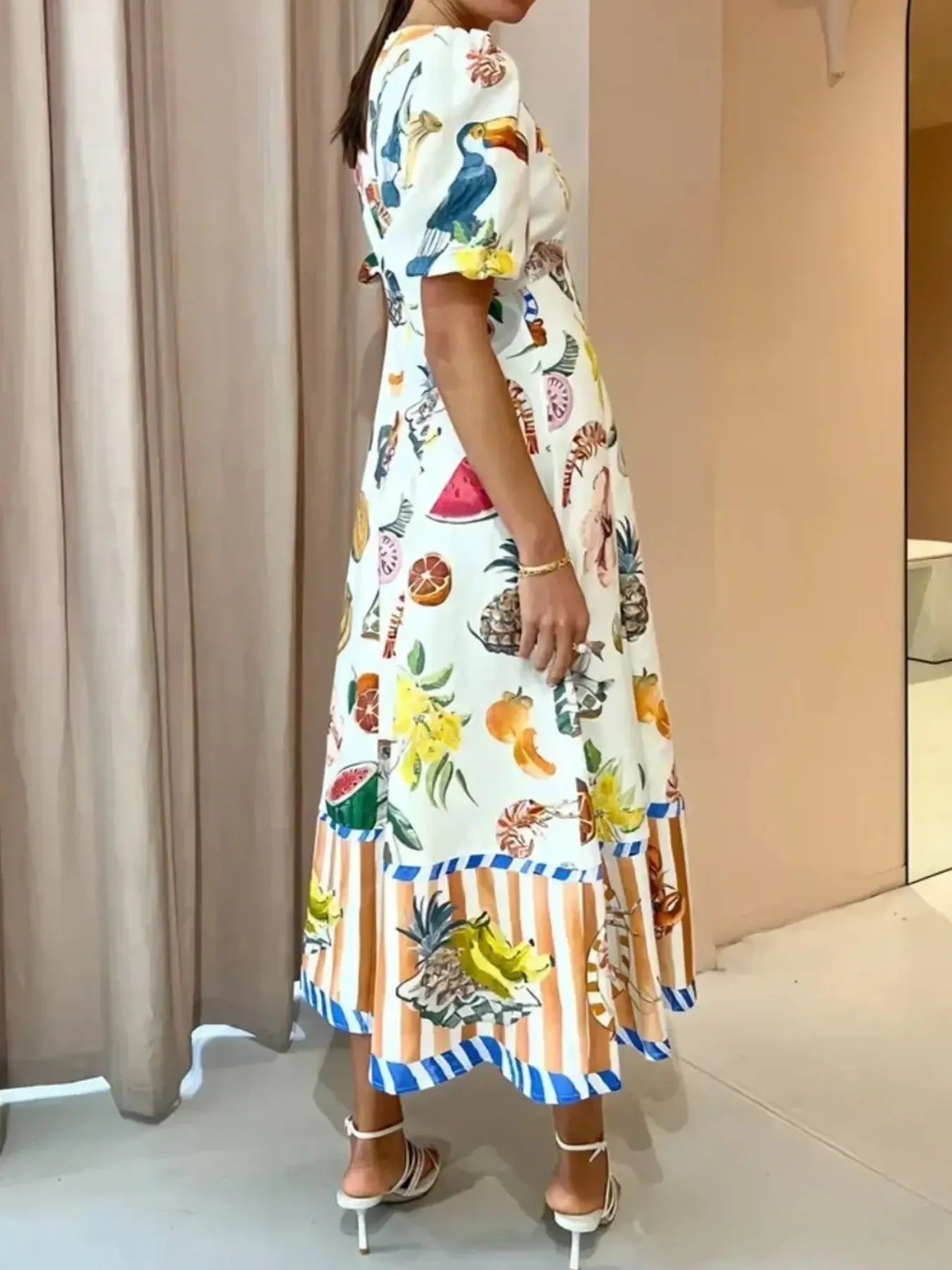 Printed Round Neck Puff Sleeve Dress - Velora Luxury Fashion