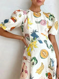 Printed Round Neck Puff Sleeve Dress - Velora Luxury Fashion