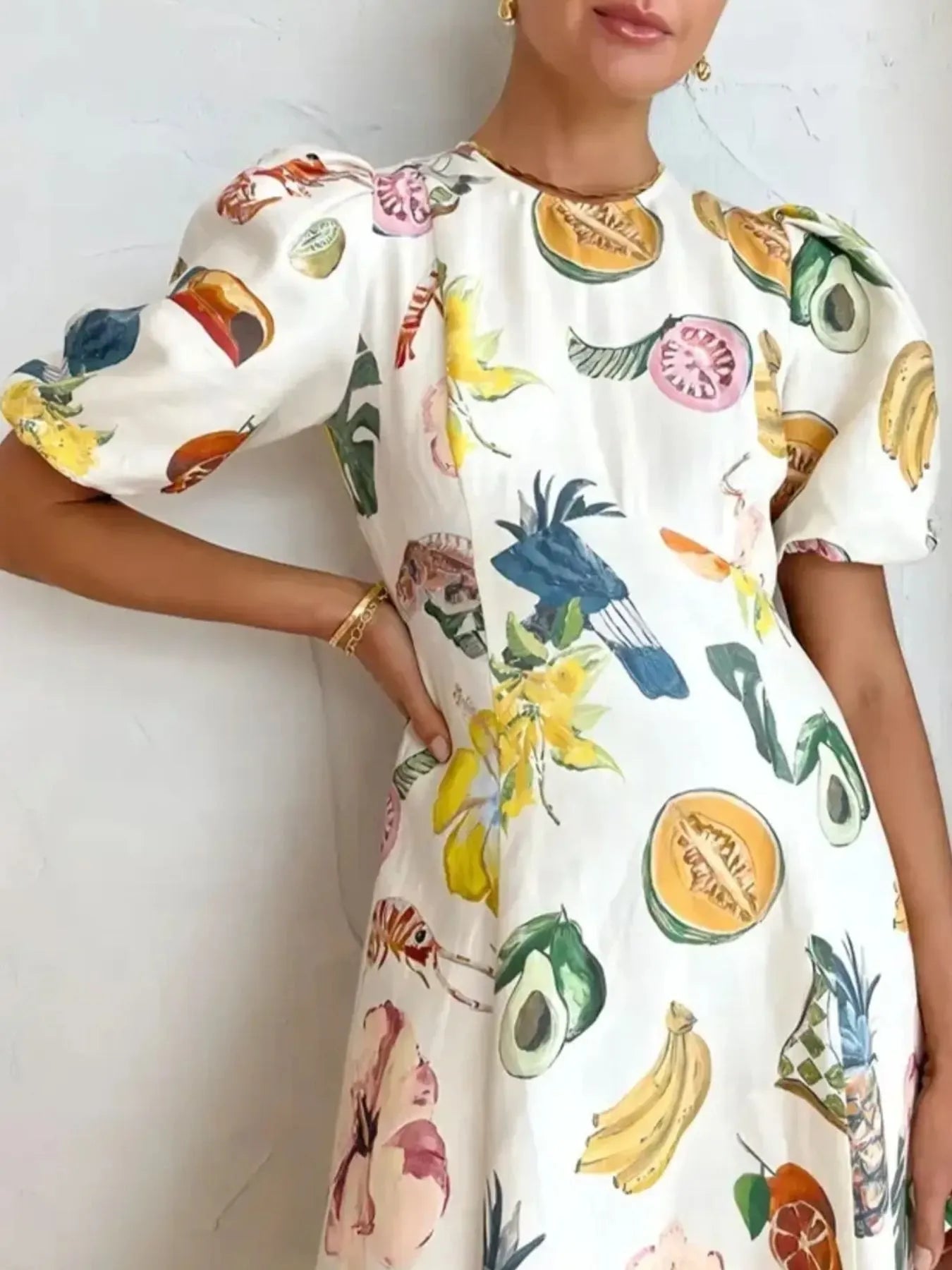 Printed Round Neck Puff Sleeve Dress - Velora Luxury Fashion