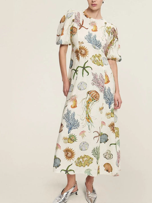 Printed Round Neck Puff Sleeve Dress - Velora Luxury Fashion