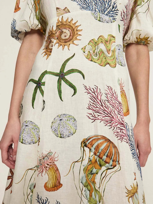 Printed Round Neck Puff Sleeve Dress - Velora Luxury Fashion