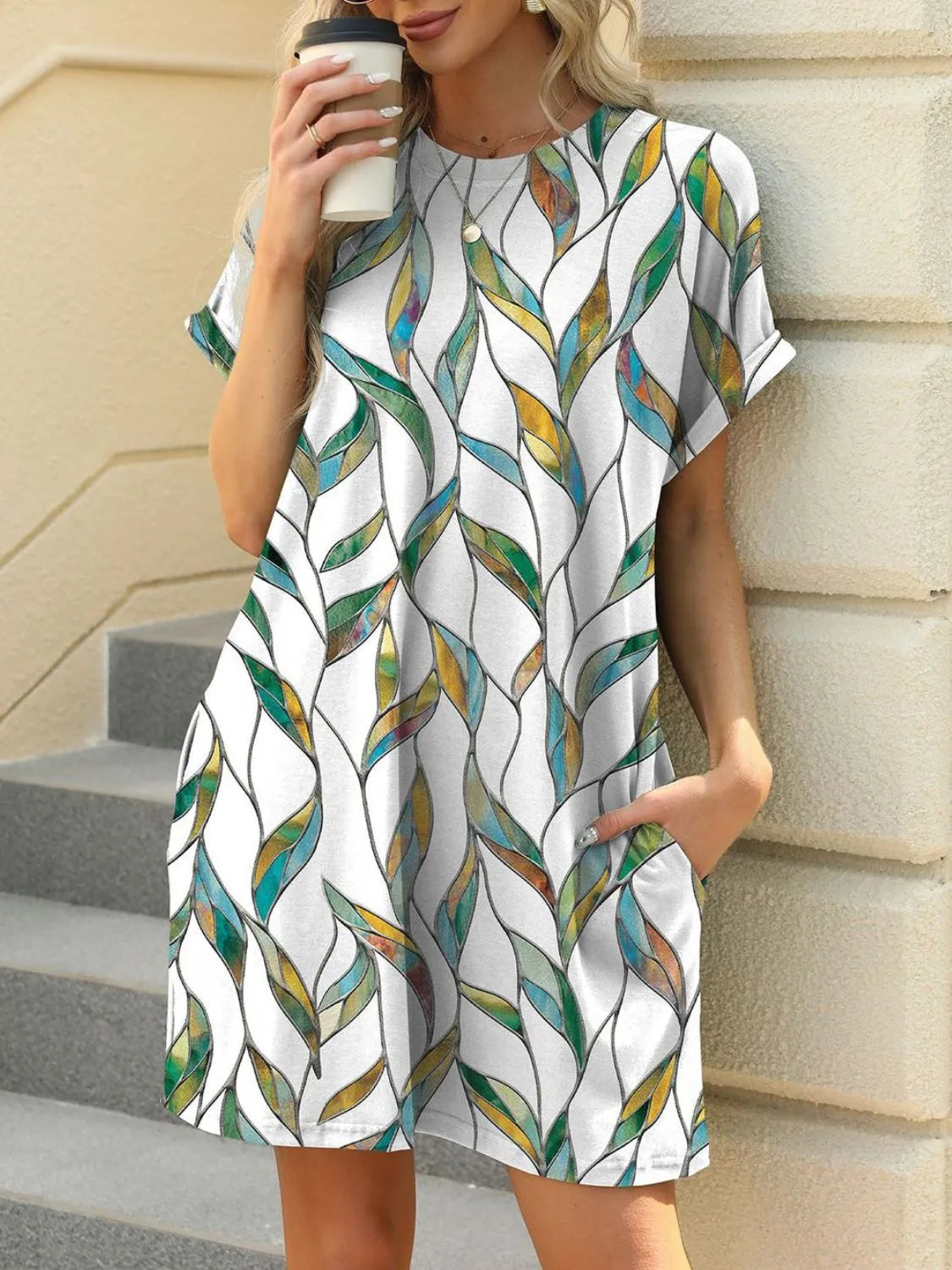 Printed Round Neck Short Sleeve Mini Dress - Velora Luxury Fashion