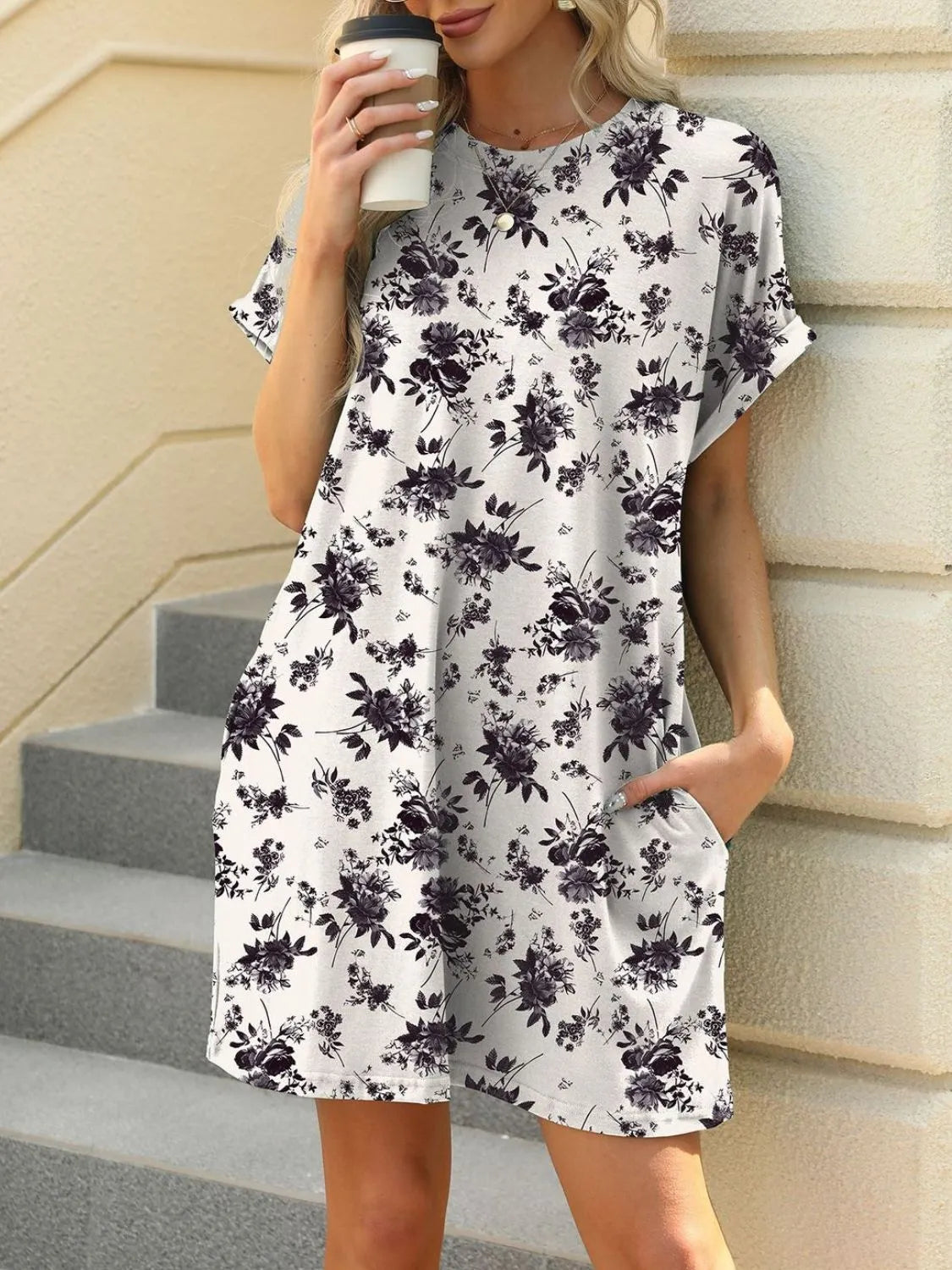 Printed Round Neck Short Sleeve Mini Dress - Velora Luxury Fashion