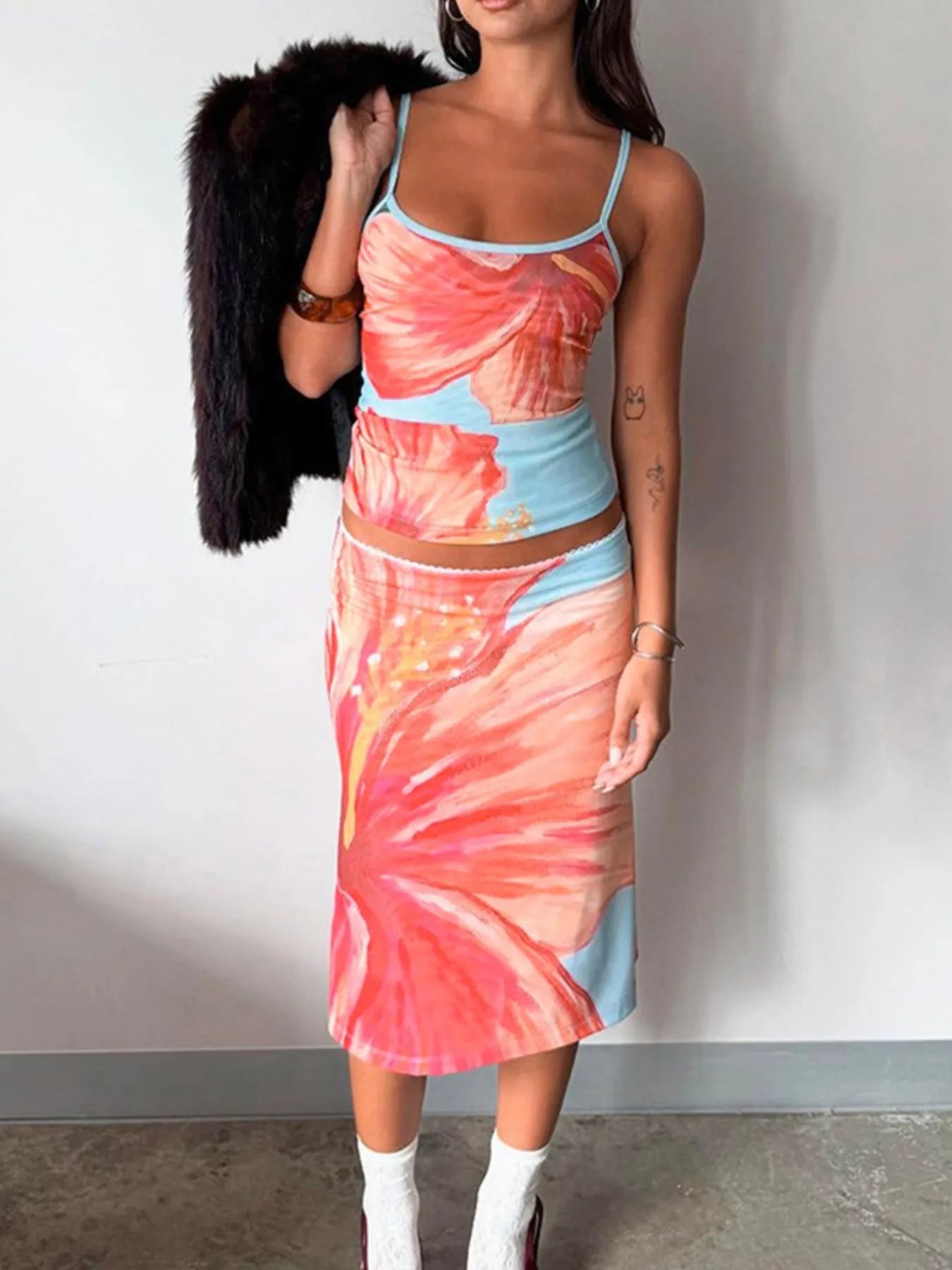 Printed Scoop Neck Cami and Skirt Set - Velora Luxury Fashion