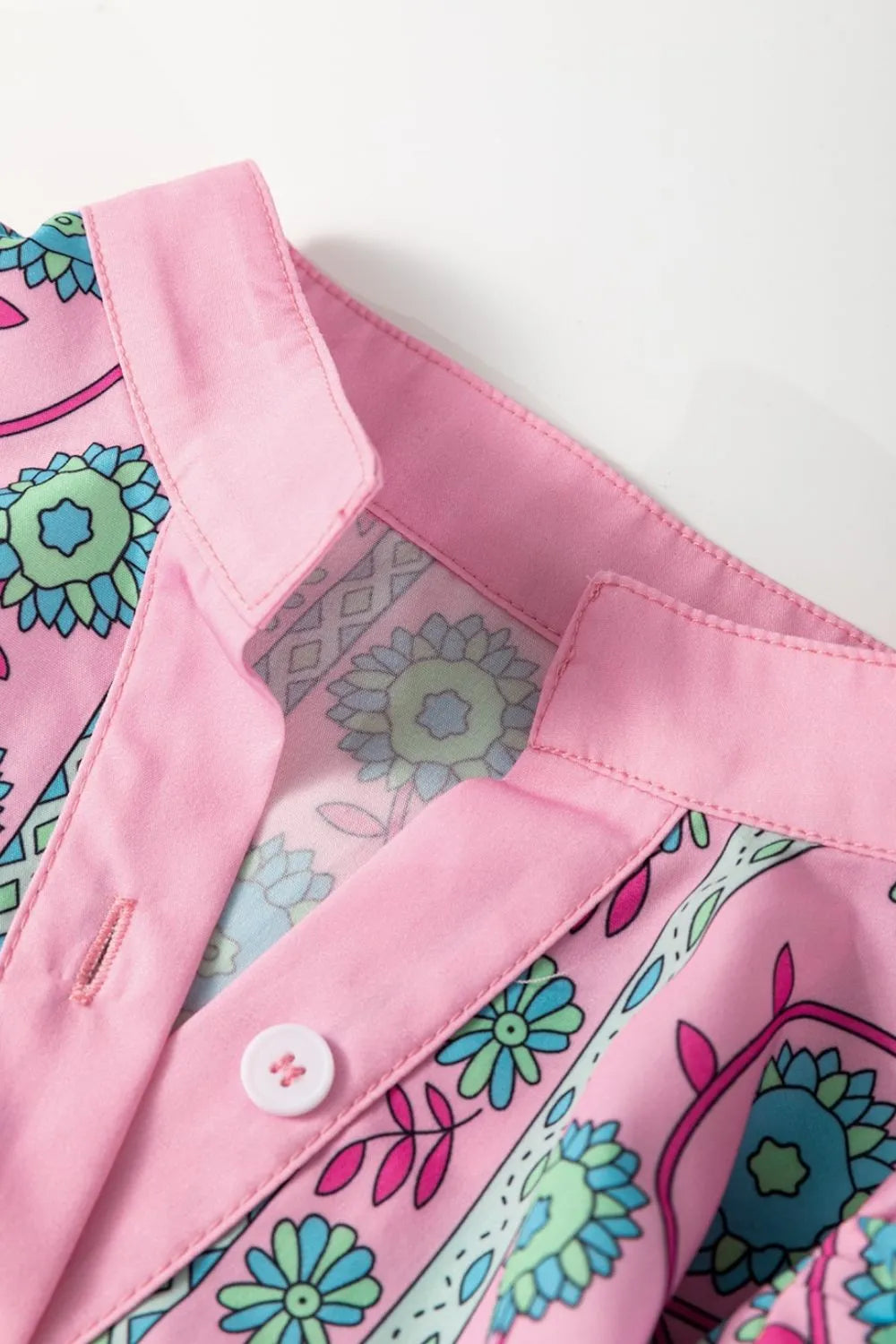 Printed Shirred Sleeve Buttoned Front Midi Dress with Sash - Velora Luxury Fashion