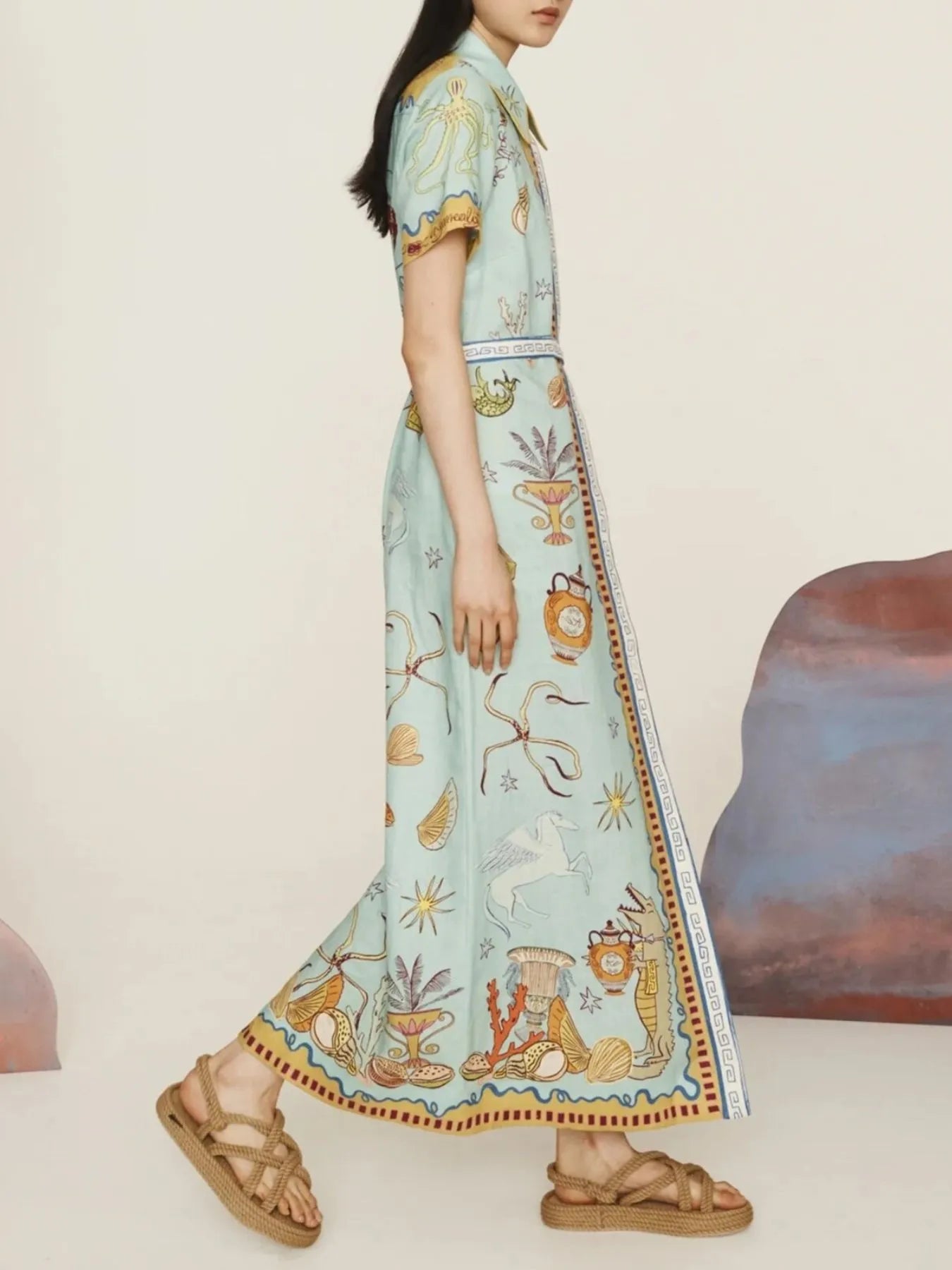 Printed Short Sleeve Maxi Shirt Dress with Belt - Velora Luxury Fashion