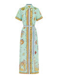 Printed Short Sleeve Maxi Shirt Dress with Belt - Velora Luxury Fashion