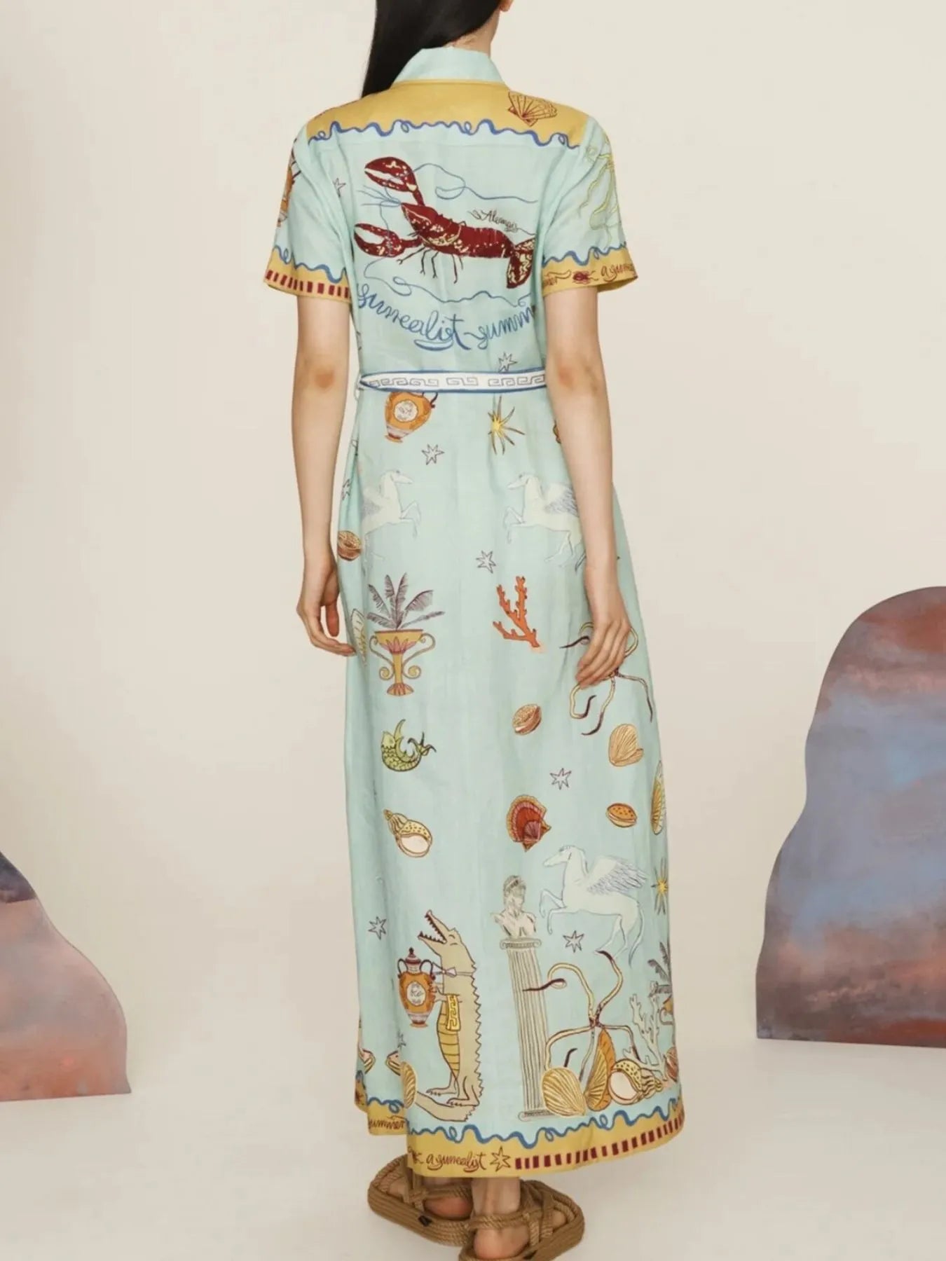 Printed Short Sleeve Maxi Shirt Dress with Belt - Velora Luxury Fashion