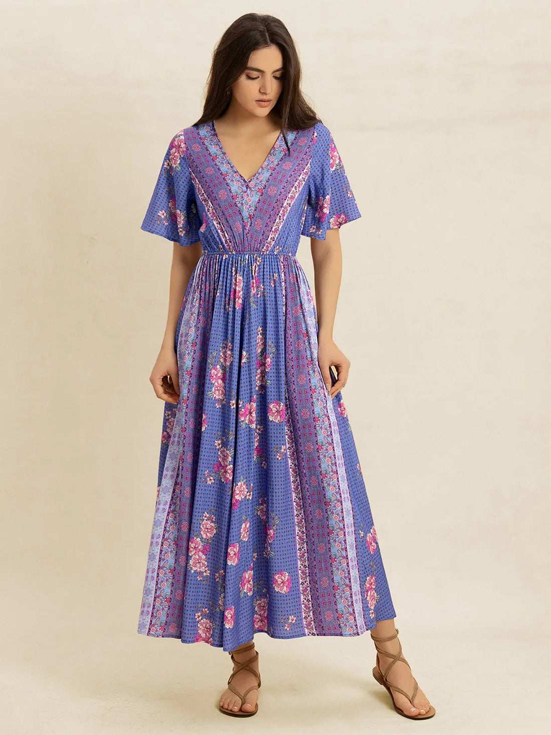 Printed Short Sleeve Midi Dress - Velora Luxury Fashion