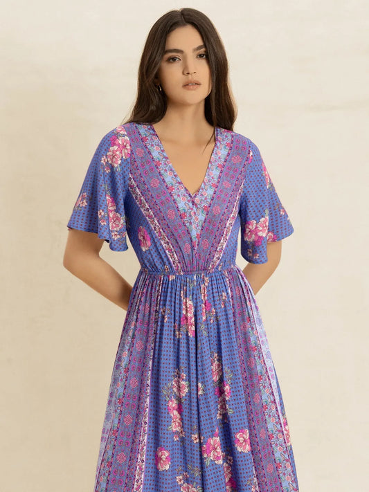 Printed Short Sleeve Midi Dress - Velora