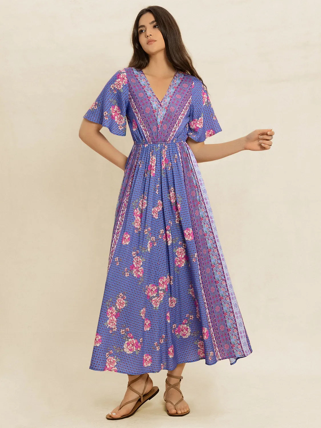 Printed Short Sleeve Midi Dress - Velora
