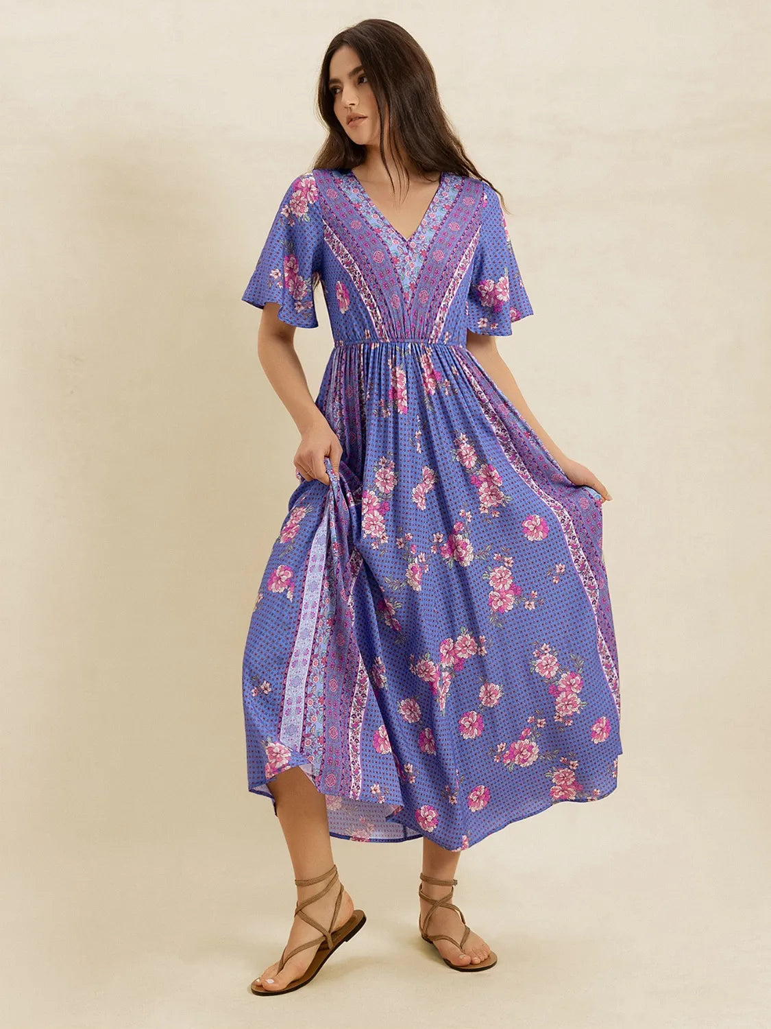 Printed Short Sleeve Midi Dress - Velora